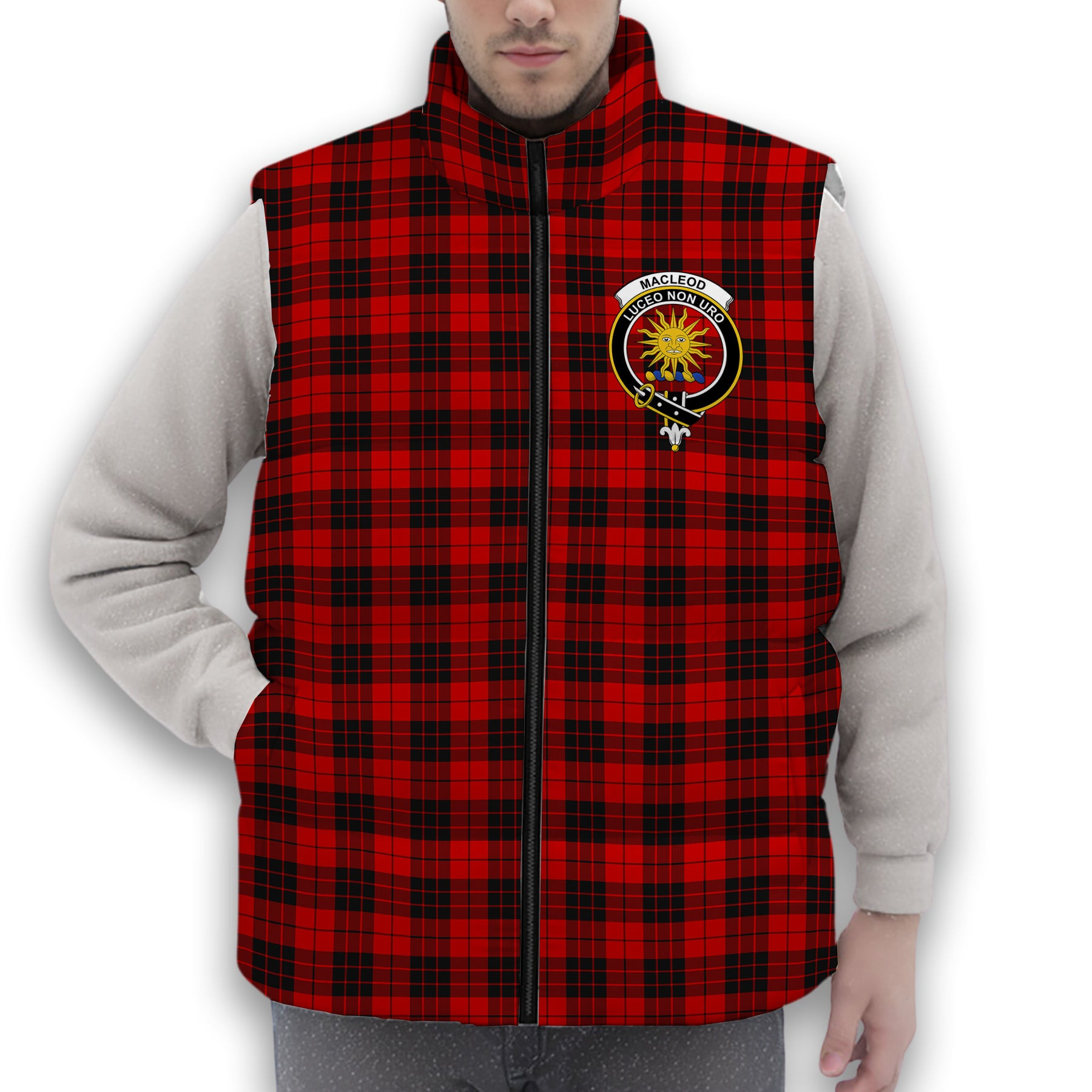 ScotsTee Shop Scottish MacLeod of Raasay SC Crest Tartan Puffer Vest Winter White Duck Down Vest Sleeveless