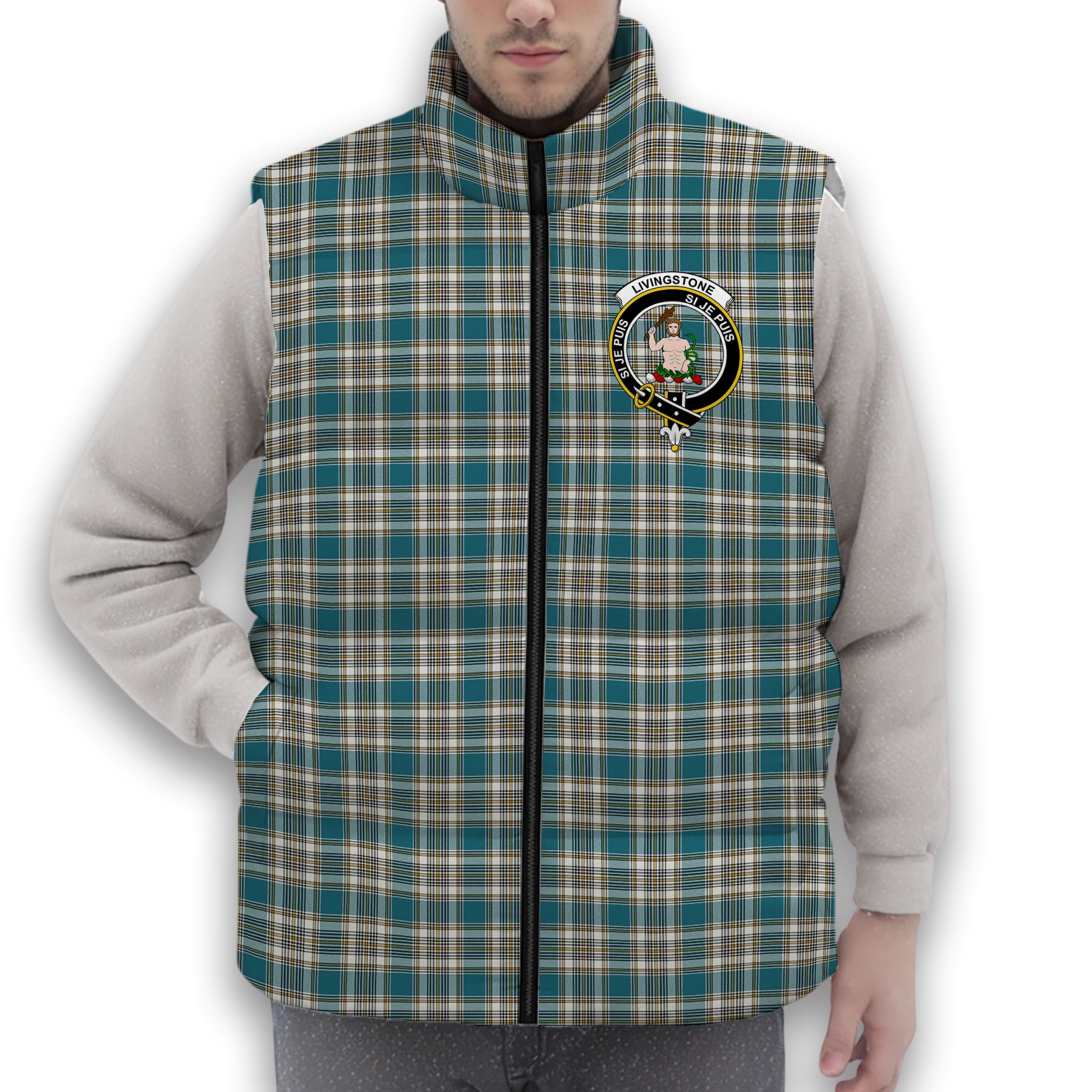 ScotsTee Shop Scottish Livingstone Dress Ancient Crest Tartan Puffer Vest Winter White Duck Down Vest Sleeveless