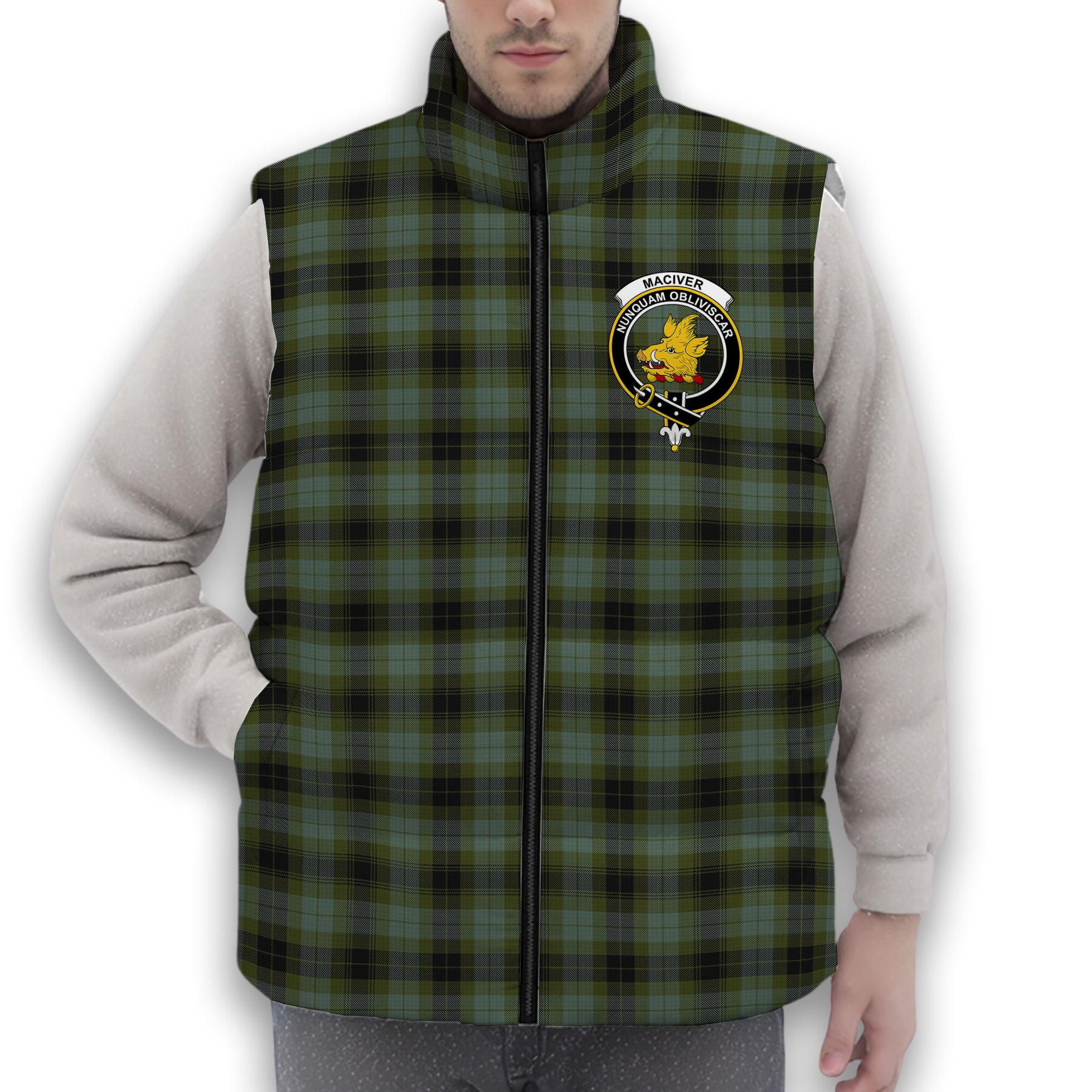 ScotsTee Shop Scottish MacIver Family Crest Tartan Puffer Vest Winter White Duck Down Vest Sleeveless