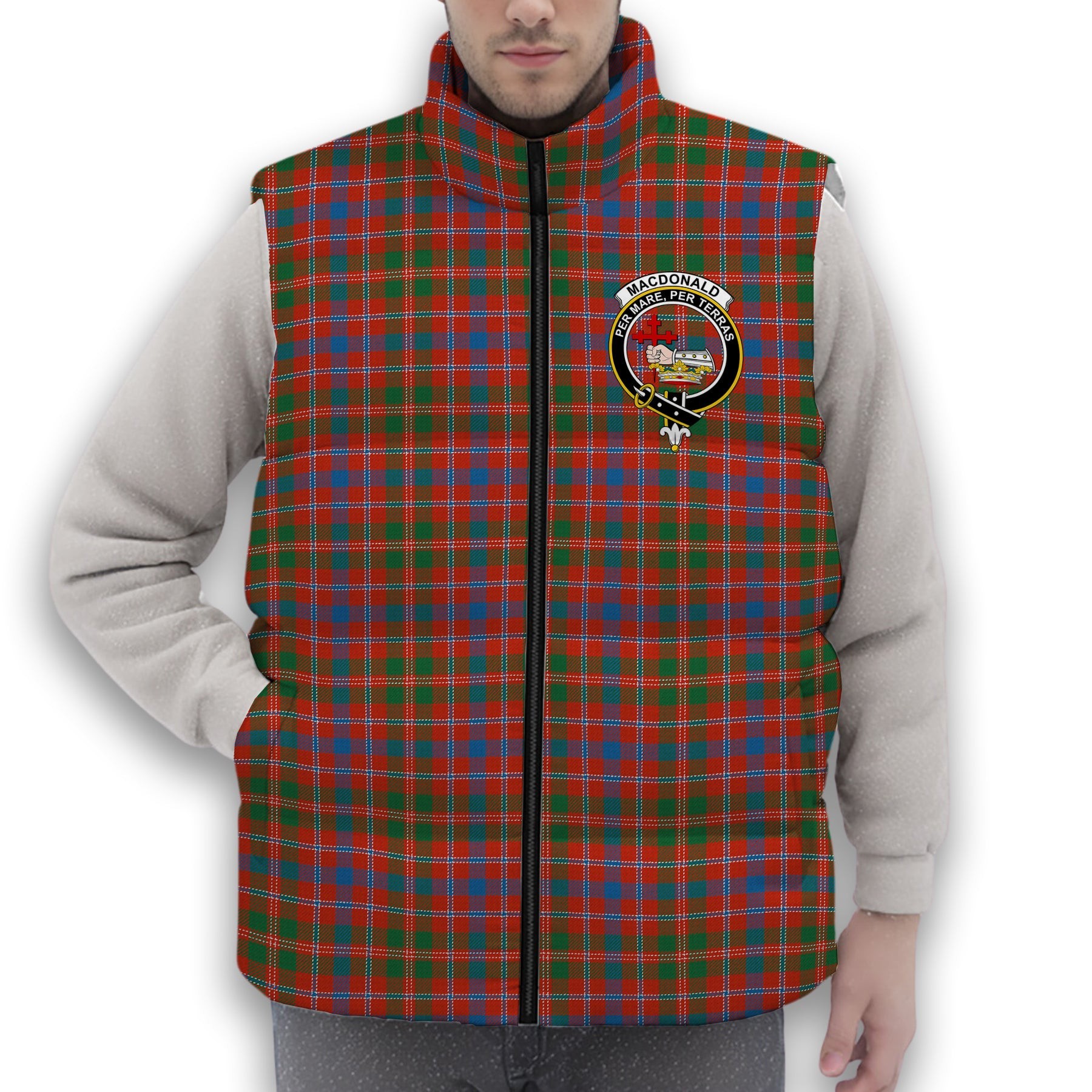 ScotsTee Shop Scottish MacDonald of Glenaladale Ancient Crest Tartan Puffer Vest Winter White Duck Down Vest Sleeveless