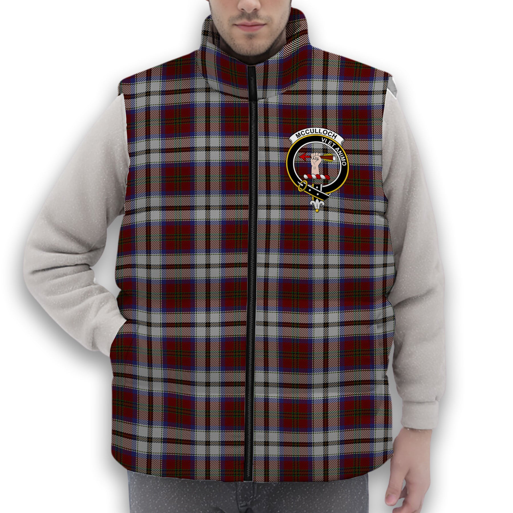 ScotsTee Shop Scottish McCulloch Dress Crest Tartan Puffer Vest Winter White Duck Down Vest Sleeveless