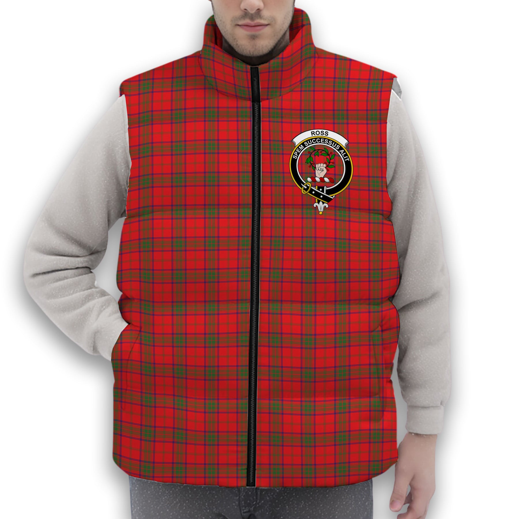 ScotsTee Shop Scottish Ross Modern Crest Tartan Puffer Vest Winter White Duck Down Vest Sleeveless