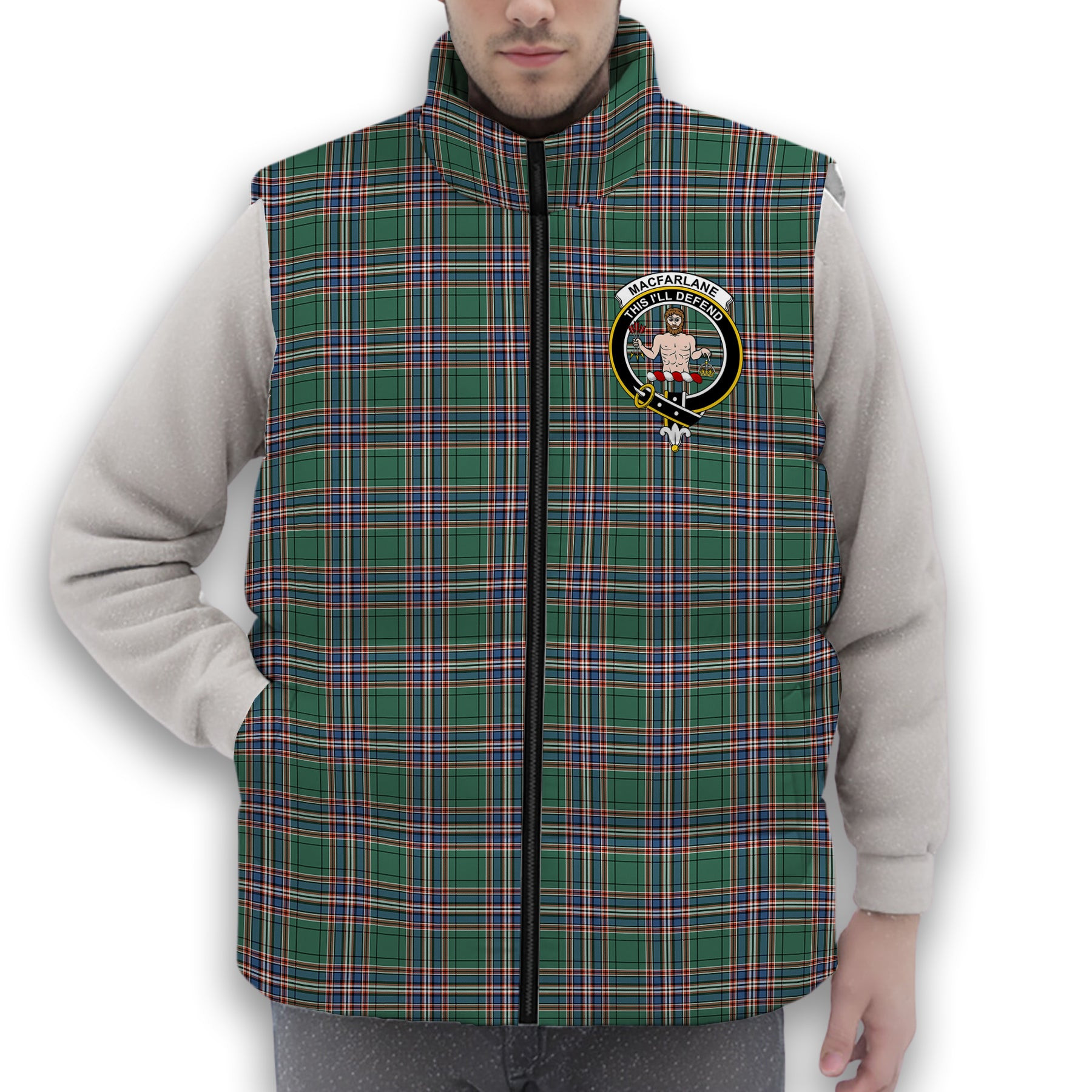 ScotsTee Shop Scottish MacFarlane Hunting Ancient Crest Tartan Puffer Vest Winter White Duck Down Vest Sleeveless