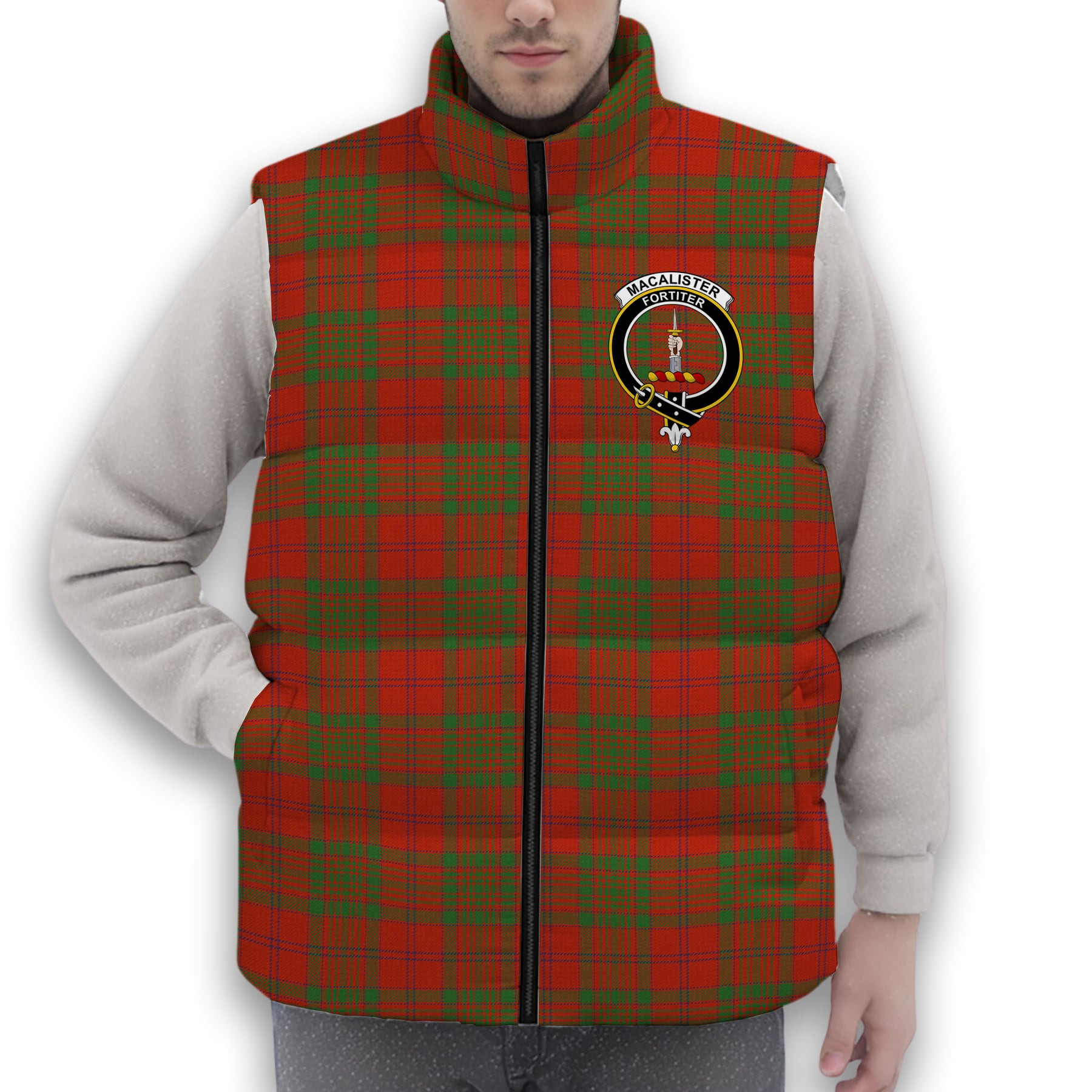 ScotsTee Shop Scottish MacAlister of Glenbarr Ancient Crest Tartan Puffer Vest Winter White Duck Down Vest Sleeveless