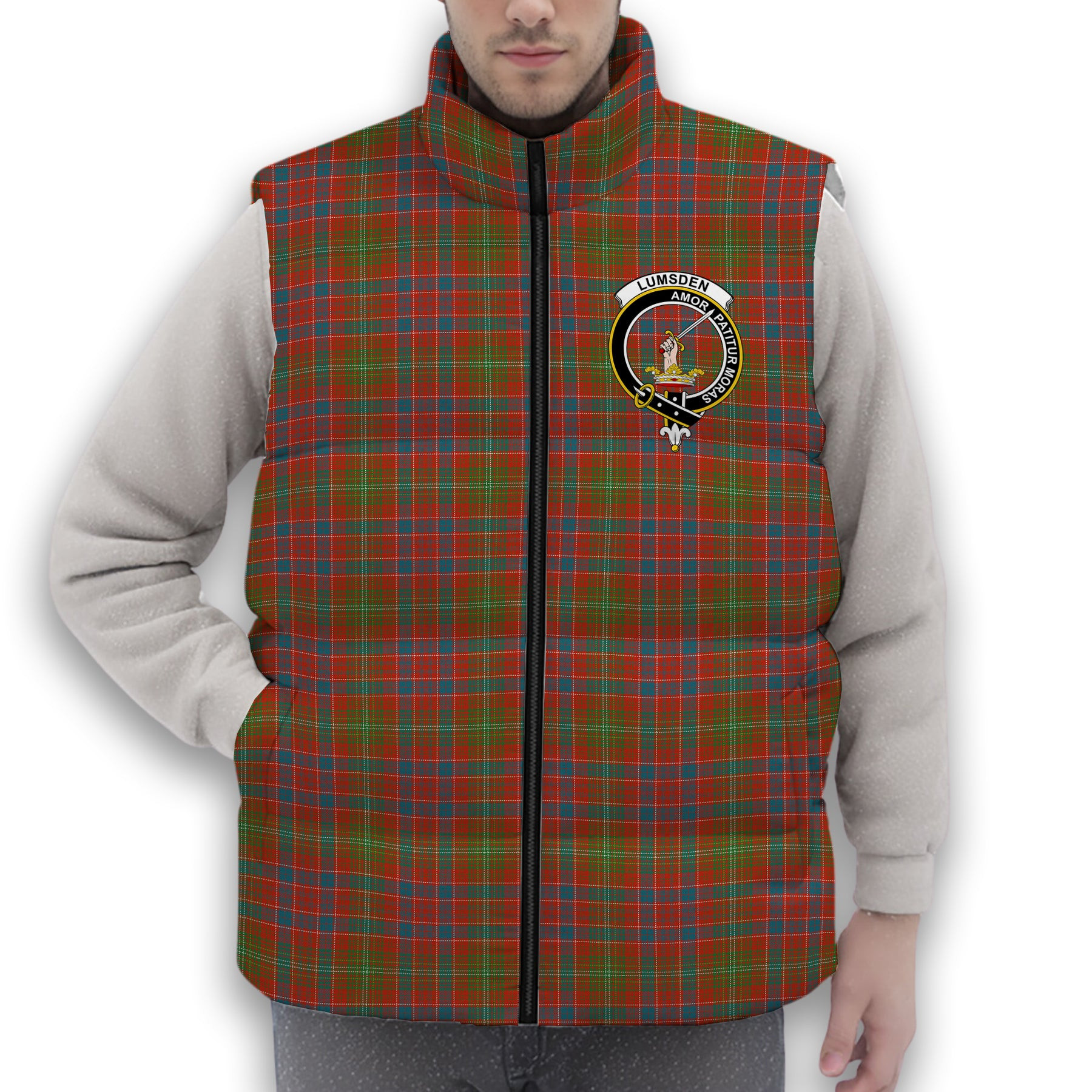 ScotsTee Shop Scottish Lumsden Ancient Crest Tartan Puffer Vest Winter White Duck Down Vest Sleeveless