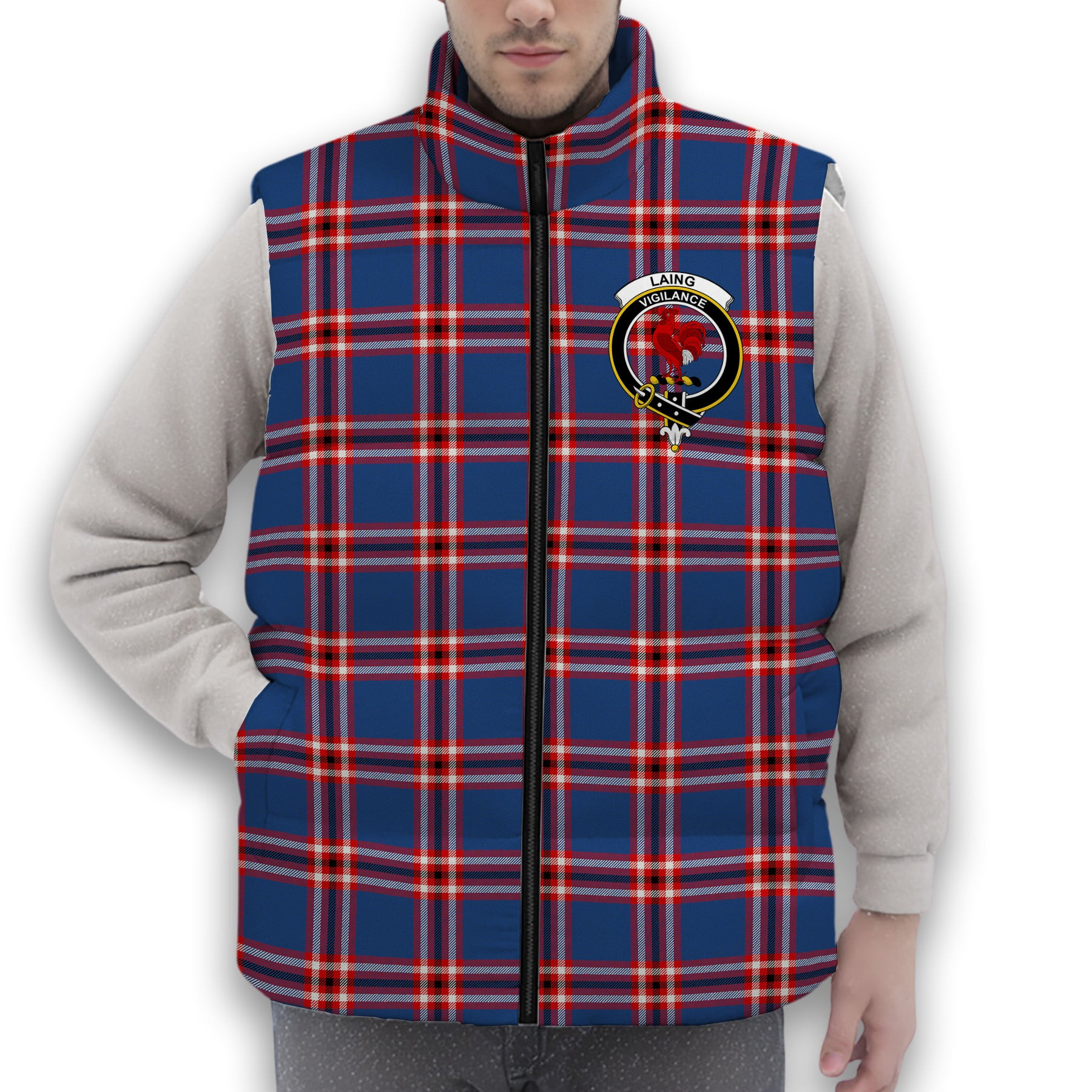 ScotsTee Shop Scottish Laing of Archiestown Modern Crest Tartan Puffer Vest Winter White Duck Down Vest Sleeveless