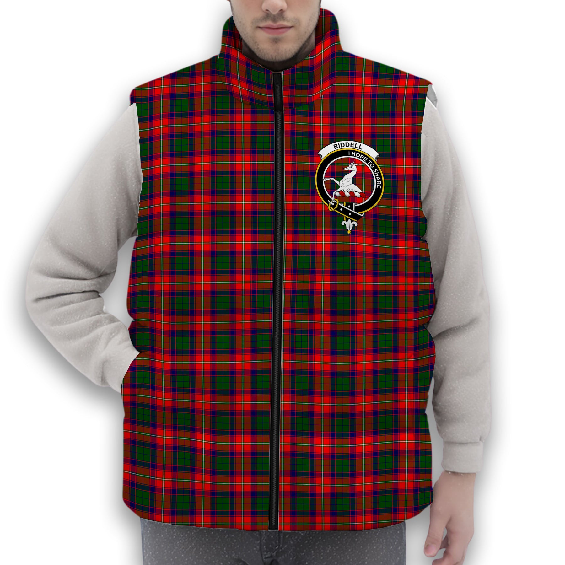 ScotsTee Shop Scottish Riddell Crest Tartan Puffer Vest Winter White Duck Down Vest Sleeveless
