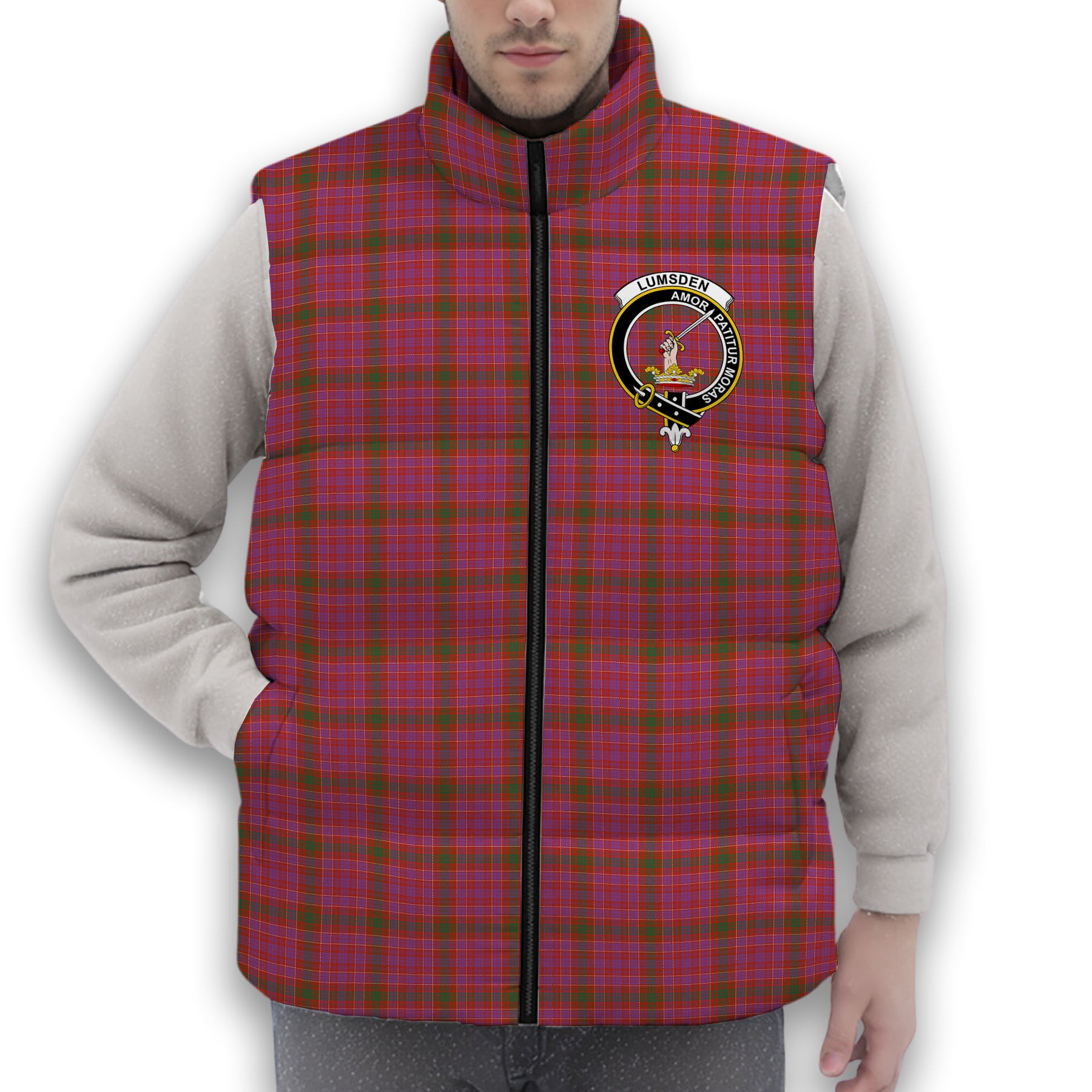 ScotsTee Shop Scottish Lumsden of Clova Ancient Crest Tartan Puffer Vest Winter White Duck Down Vest Sleeveless