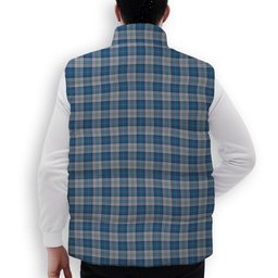 ScotsTee Shop Scottish Menzies Dress Blue & White Crest Tartan Puffer Vest Winter White Duck Down Vest Sleeveless