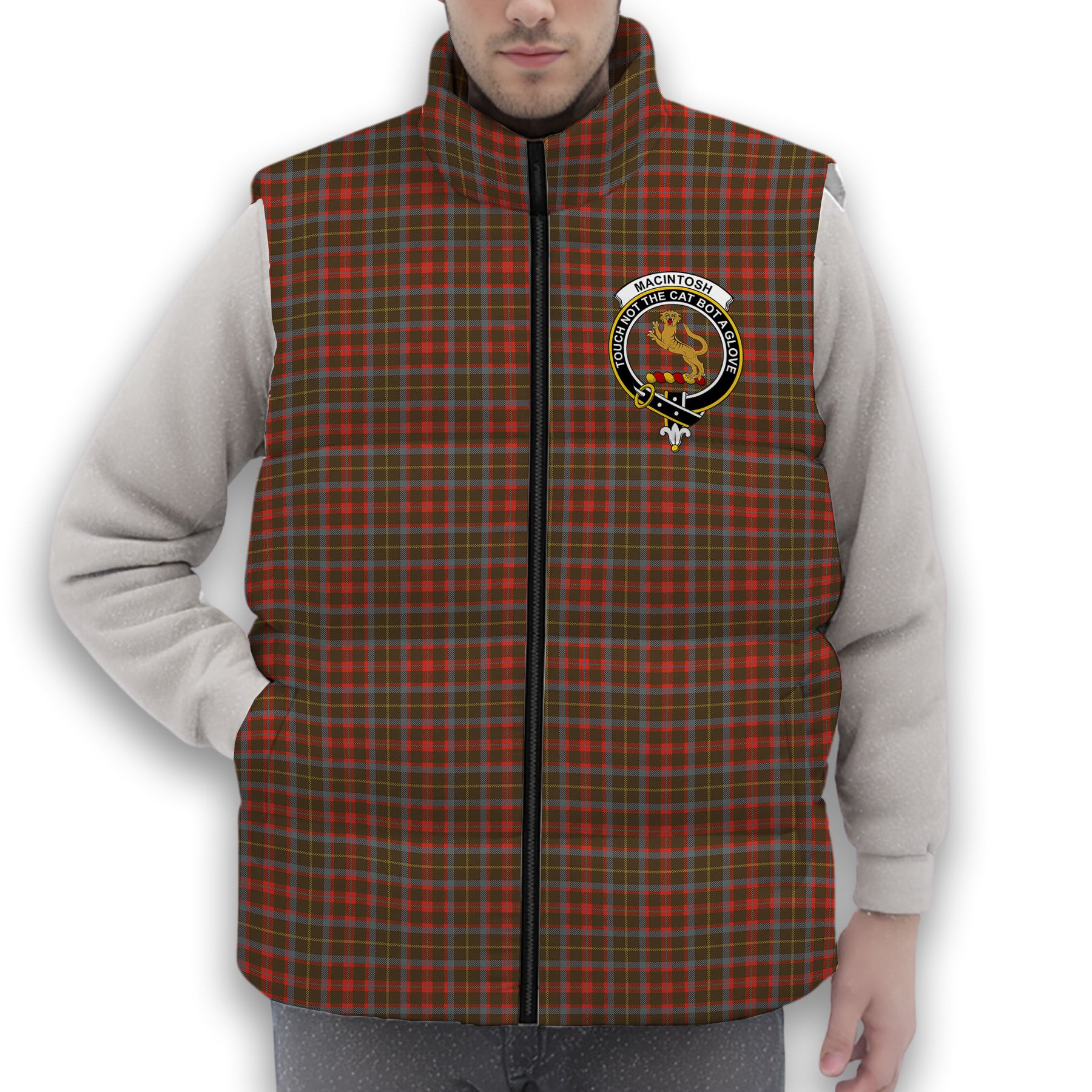 ScotsTee Shop Scottish MacIntosh Hunting Weathered Crest Tartan Puffer Vest Winter White Duck Down Vest Sleeveless