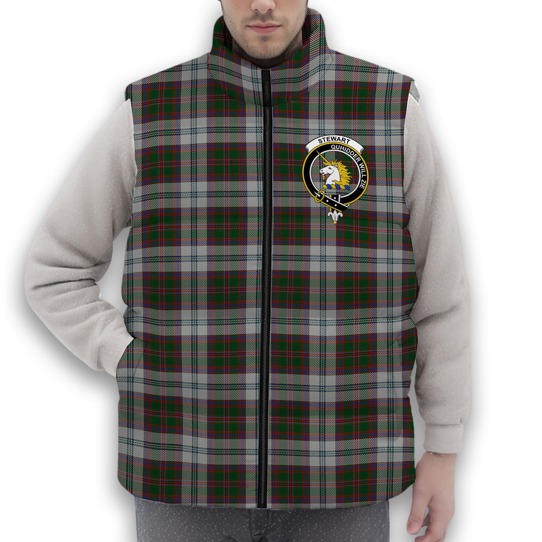 ScotsTee Shop Scottish Stewart of Appin Dress Crest Tartan Puffer Vest Winter White Duck Down Vest Sleeveless