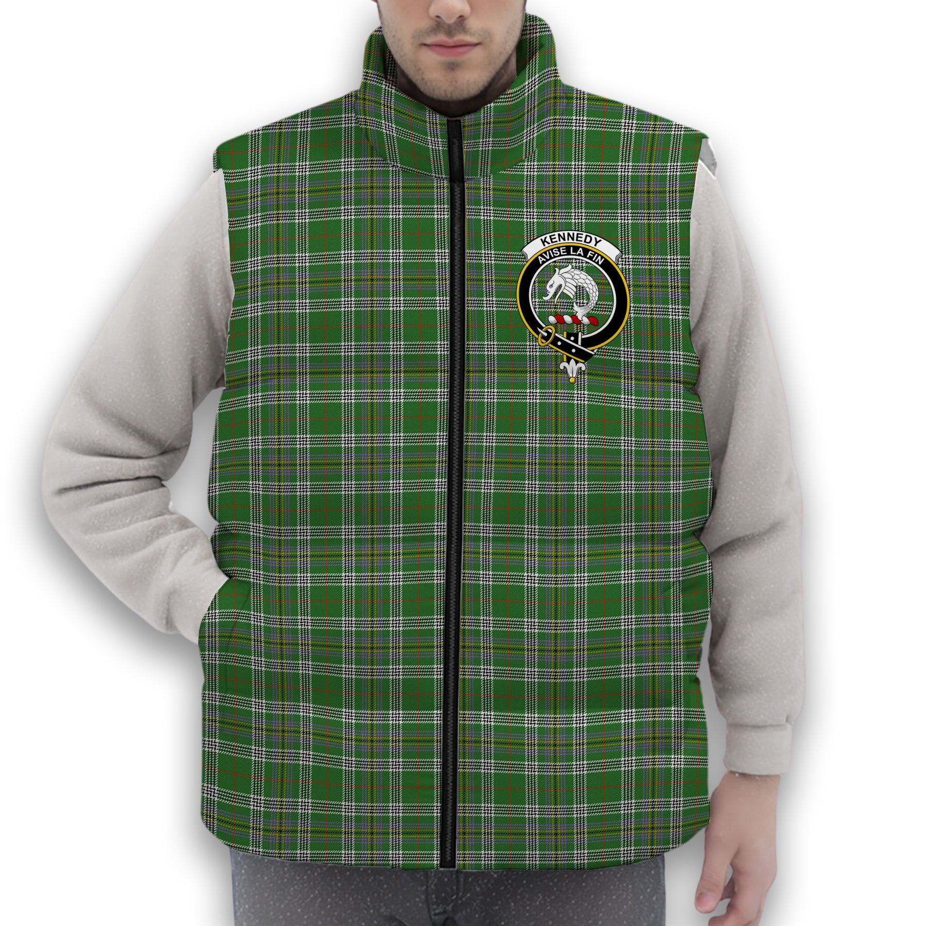 ScotsTee Shop Scottish Kennedy Ancient Clan Crest Tartan Puffer Vest Winter White Duck Down Vest Sleeveless