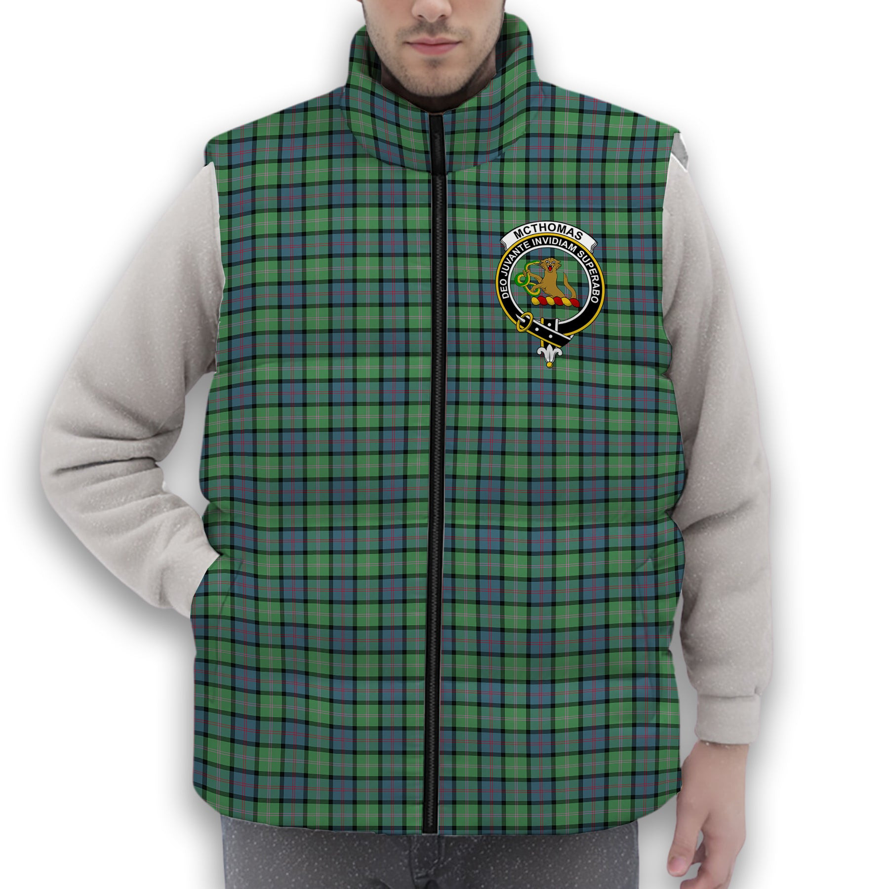 ScotsTee Shop Scottish McThomas Ancient Crest Tartan Puffer Vest Winter White Duck Down Vest Sleeveless