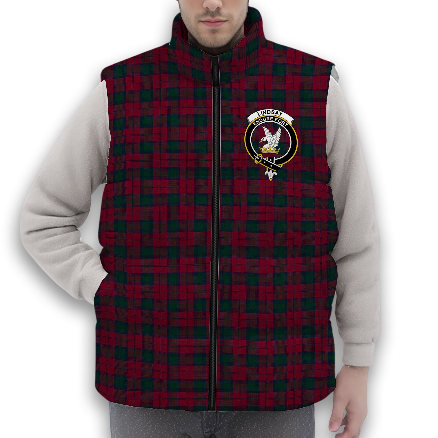 ScotsTee Shop Scottish Lindsay Crest Tartan Puffer Vest Winter White Duck Down Vest Sleeveless