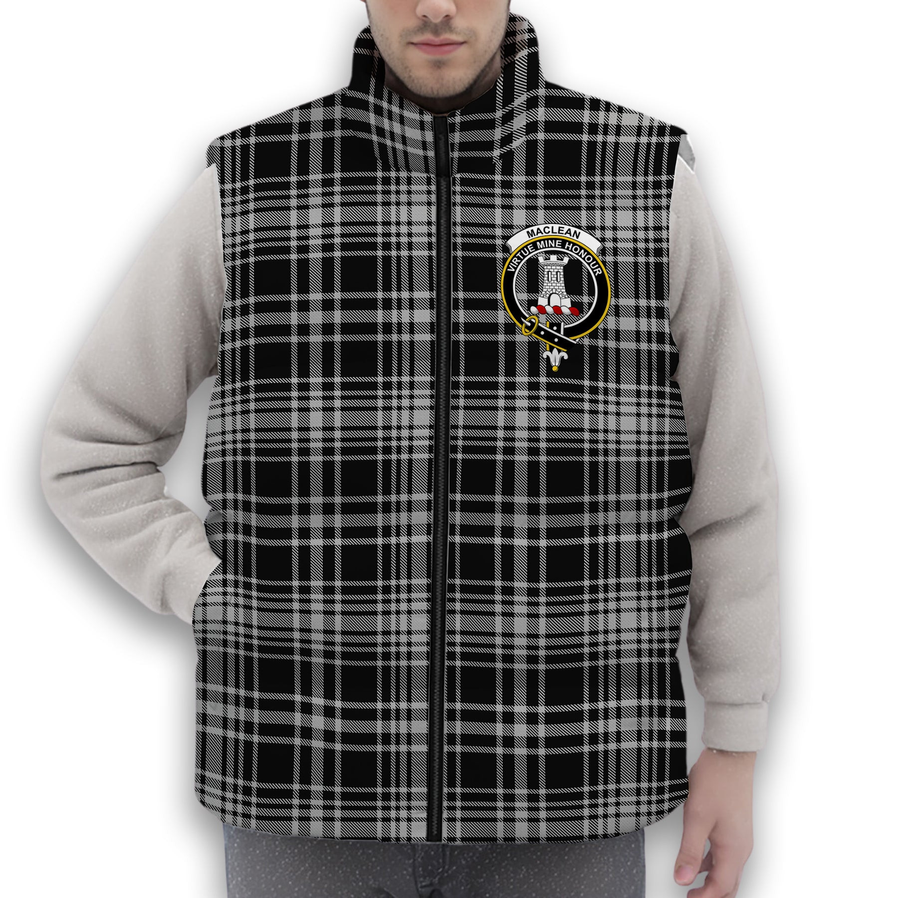 ScotsTee Shop Scottish MacLean Black and White Crest Tartan Puffer Vest Winter White Duck Down Vest Sleeveless