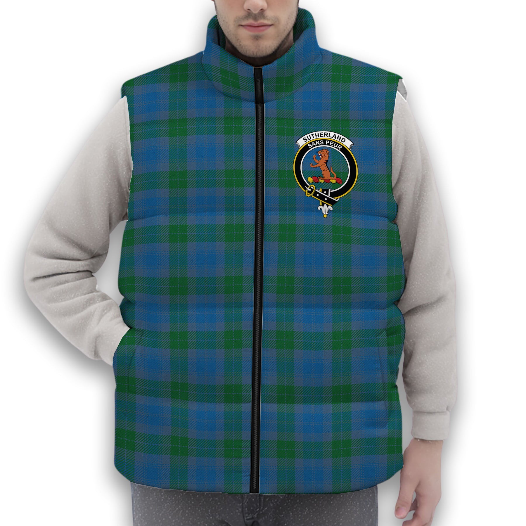 ScotsTee Shop Scottish Sutherland Hunting Ancient Crest Tartan Puffer Vest Winter White Duck Down Vest Sleeveless