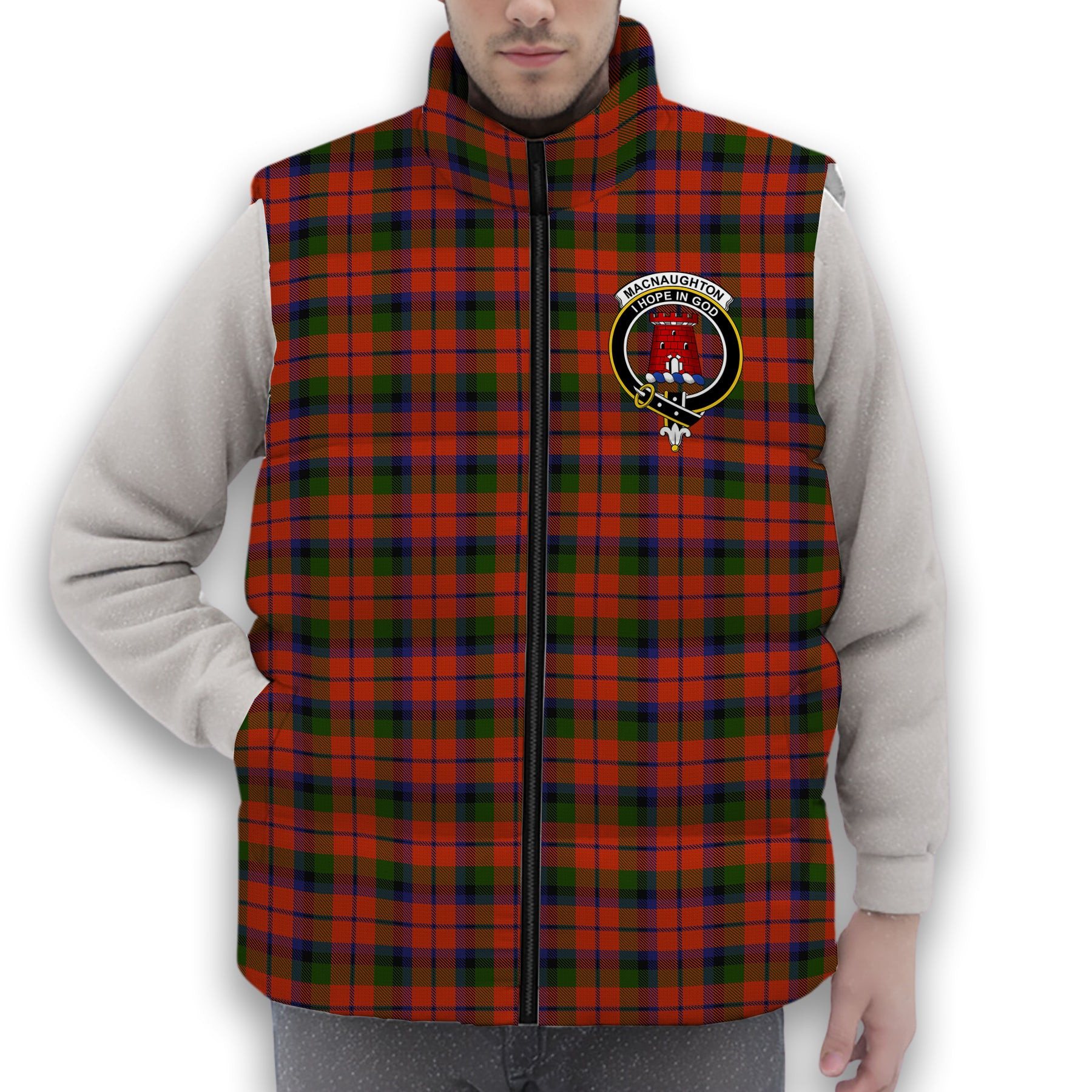 ScotsTee Shop Scottish MacNaughton 1831 Crest Tartan Puffer Vest Winter White Duck Down Vest Sleeveless