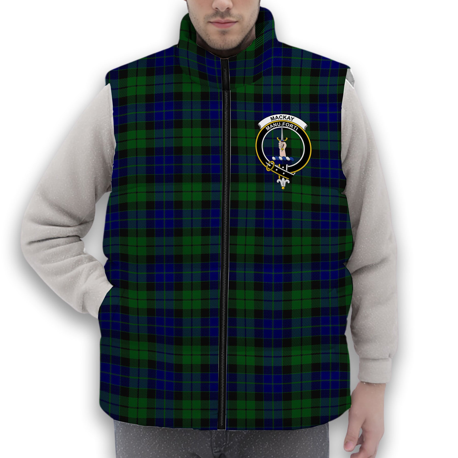 ScotsTee Shop Scottish MacKay 1819 Crest Tartan Puffer Vest Winter White Duck Down Vest Sleeveless