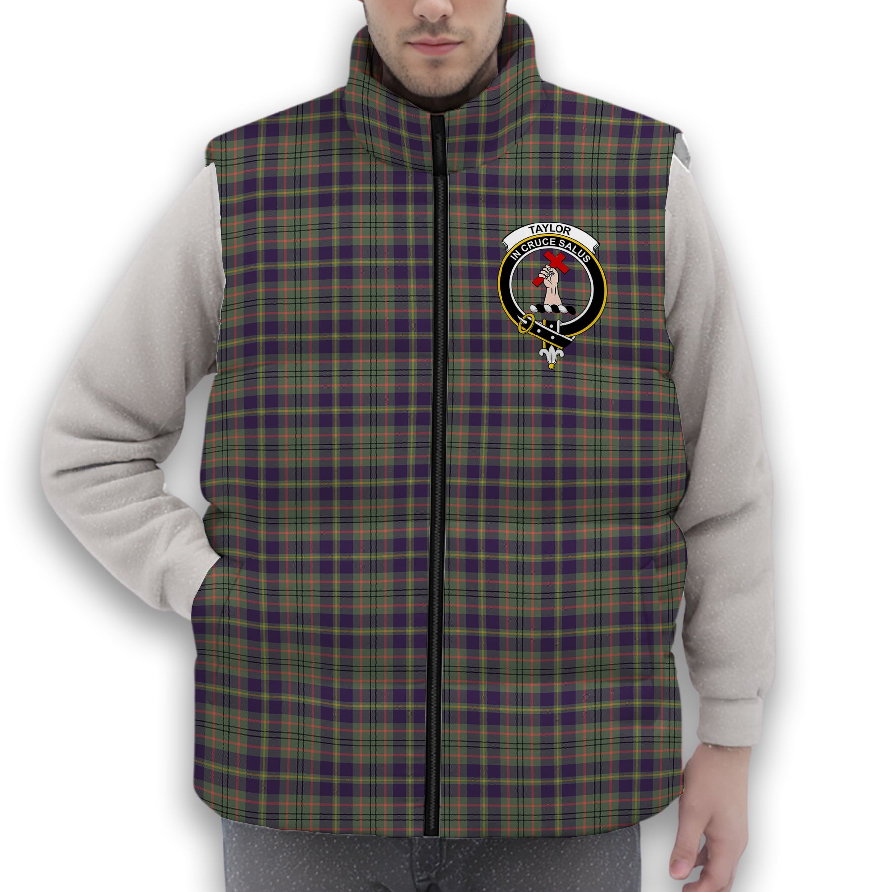 ScotsTee Shop Scottish Taylor Weathered Crest Tartan Puffer Vest Winter White Duck Down Vest Sleeveless