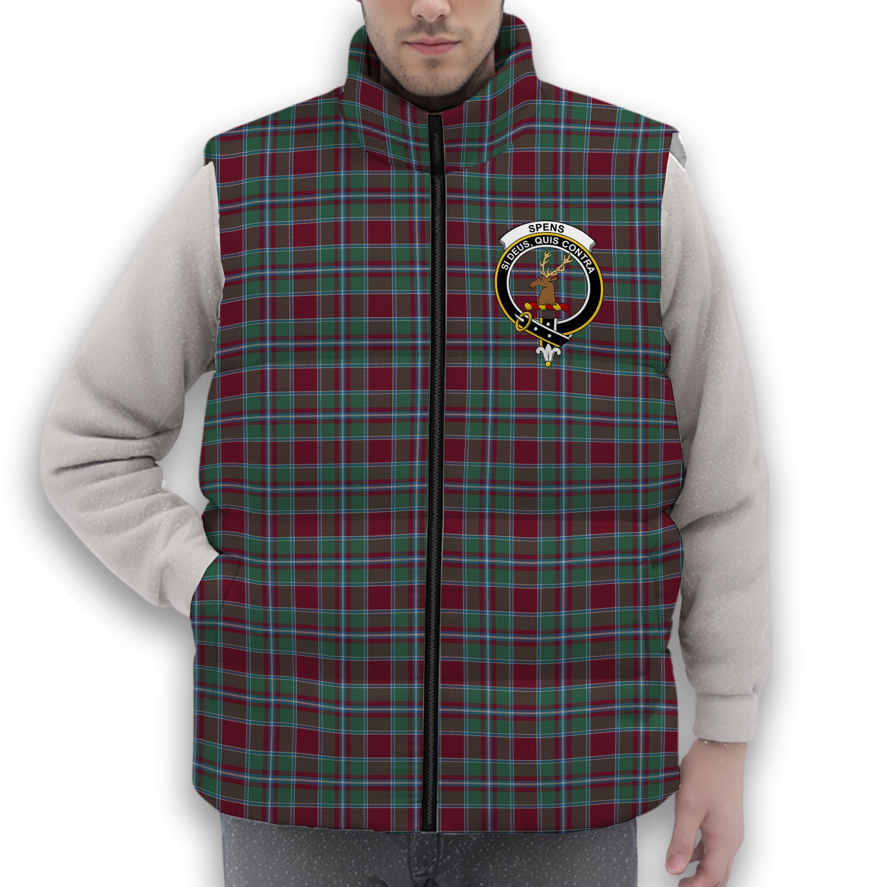 ScotsTee Shop Scottish Spens Crest Tartan Puffer Vest Winter White Duck Down Vest Sleeveless