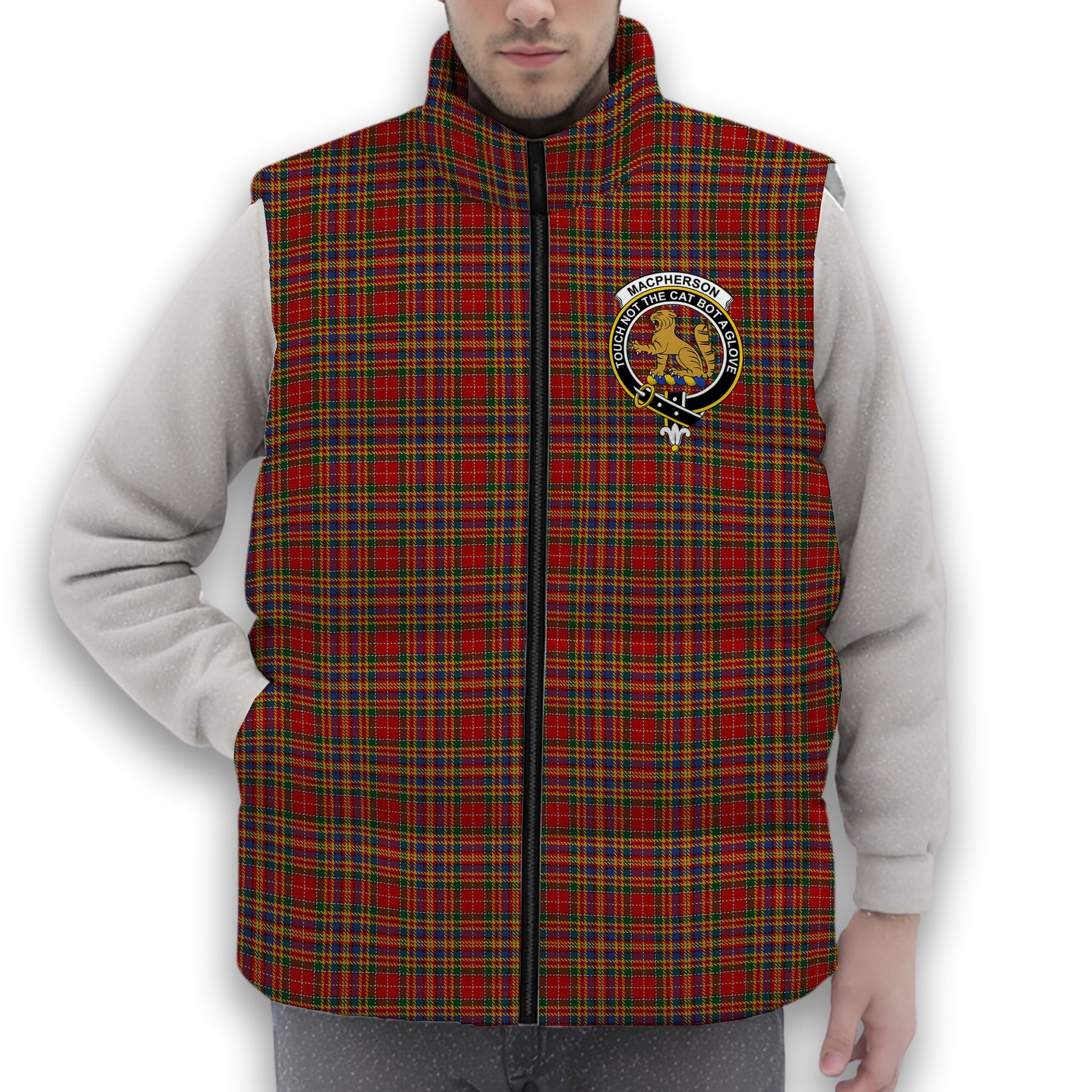 ScotsTee Shop Scottish MacPherson 2 Crest Tartan Puffer Vest Winter White Duck Down Vest Sleeveless