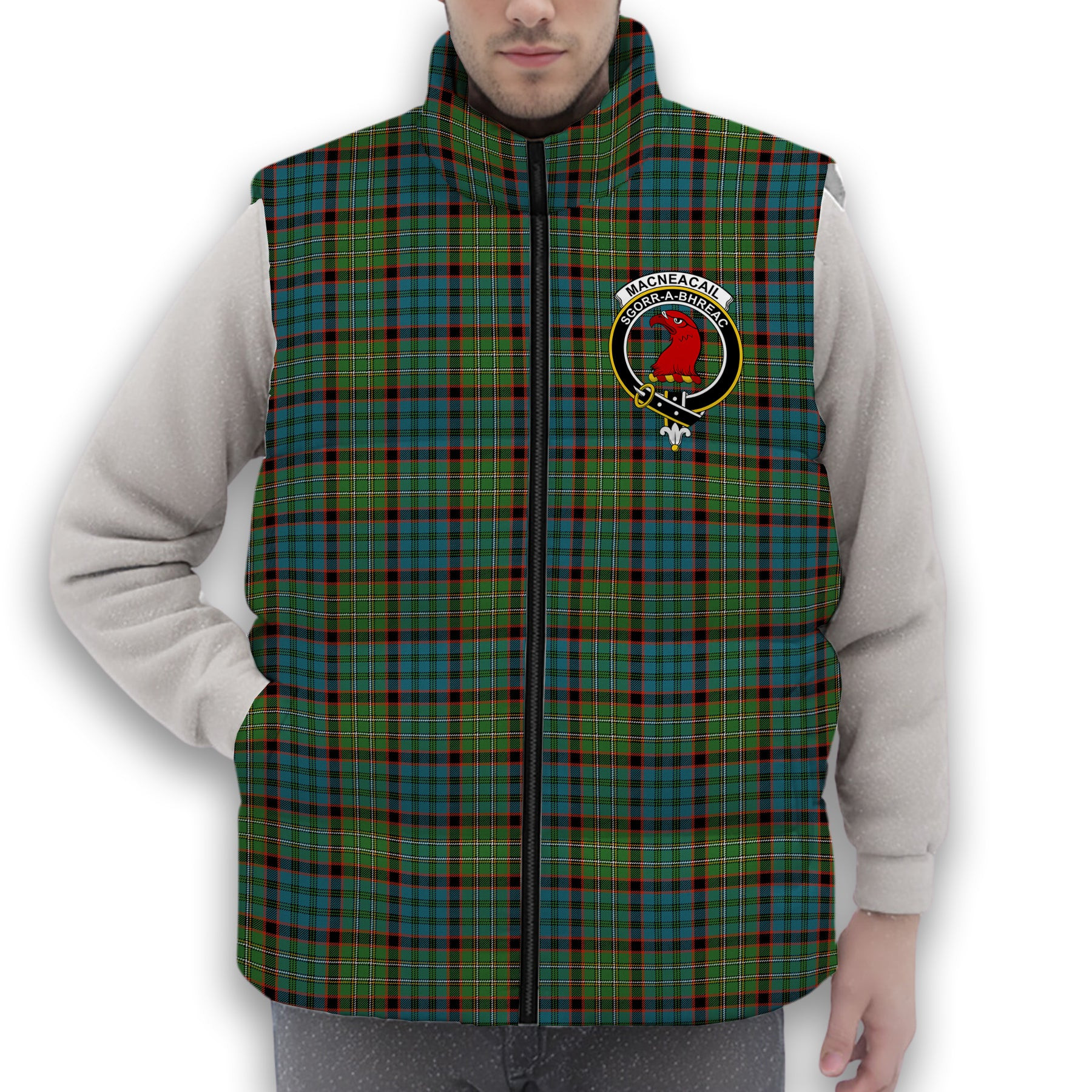 ScotsTee Shop Scottish MacNeacail Hunting Ancient Crest Tartan Puffer Vest Winter White Duck Down Vest Sleeveless