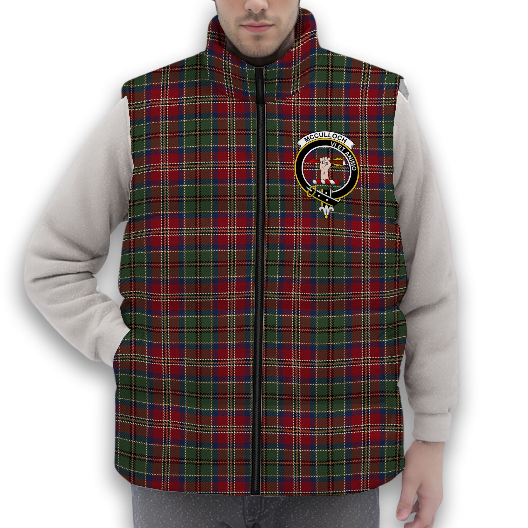 ScotsTee Shop Scottish McCulloch Ancient Crest Tartan Puffer Vest Winter White Duck Down Vest Sleeveless