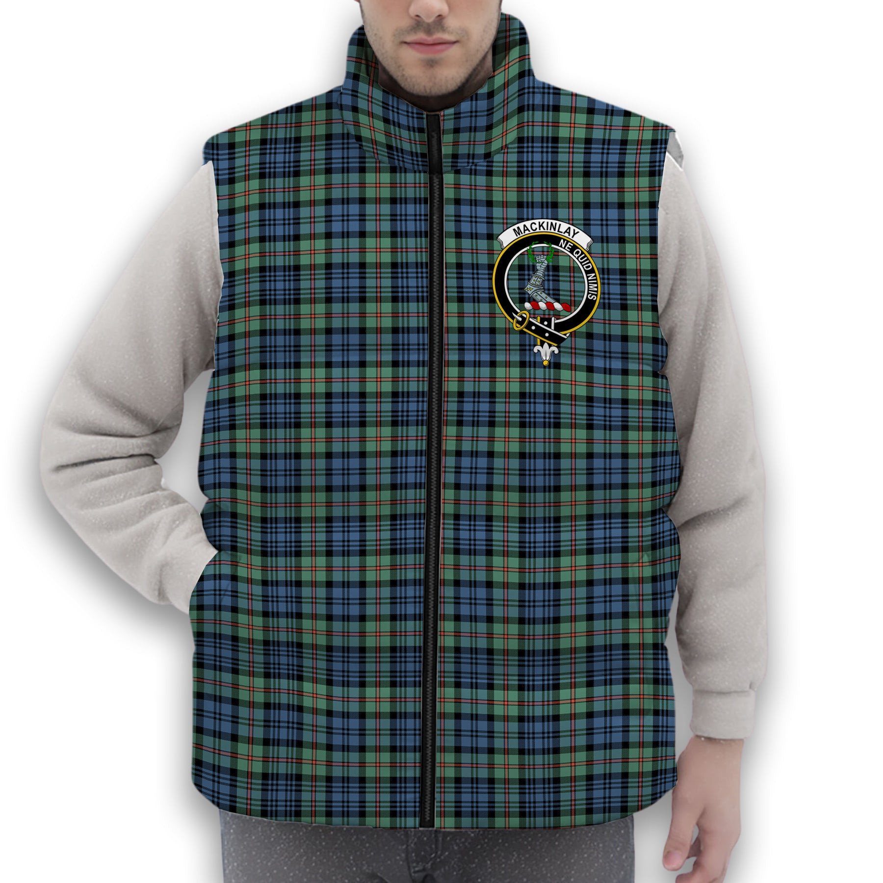 ScotsTee Shop Scottish MacKinlay Ancient Crest Tartan Puffer Vest Winter White Duck Down Vest Sleeveless