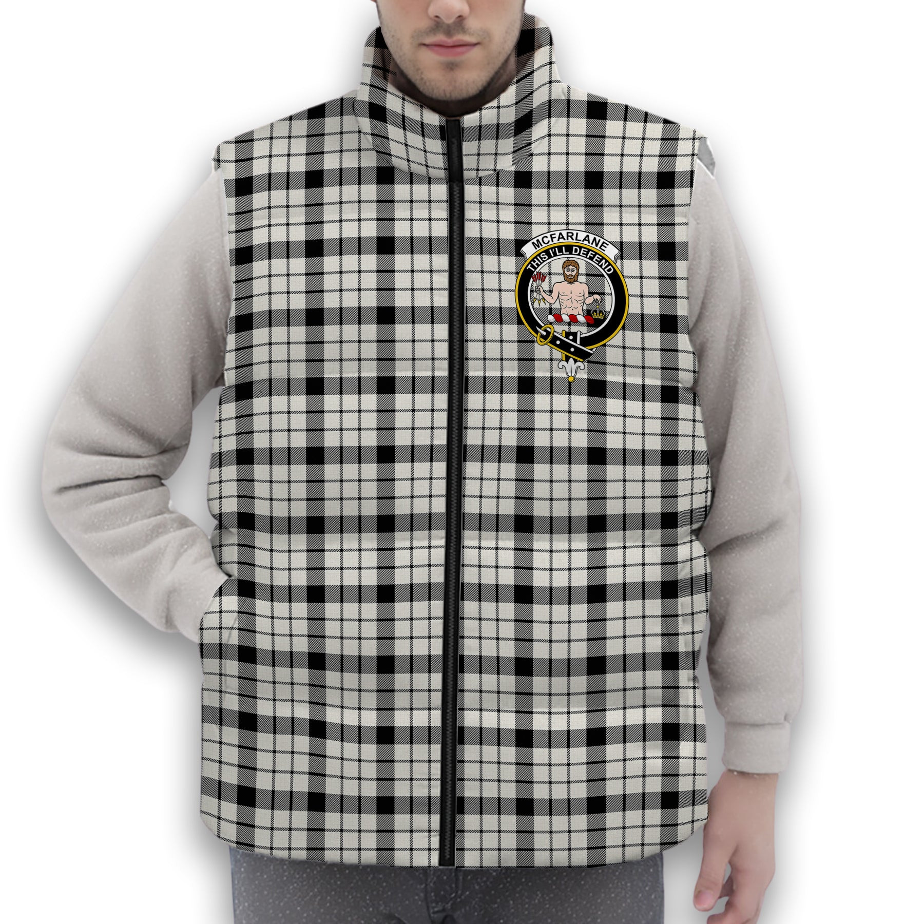 ScotsTee Shop Scottish McFarlane Black White Modern Crest Tartan Puffer Vest Winter White Duck Down Vest Sleeveless