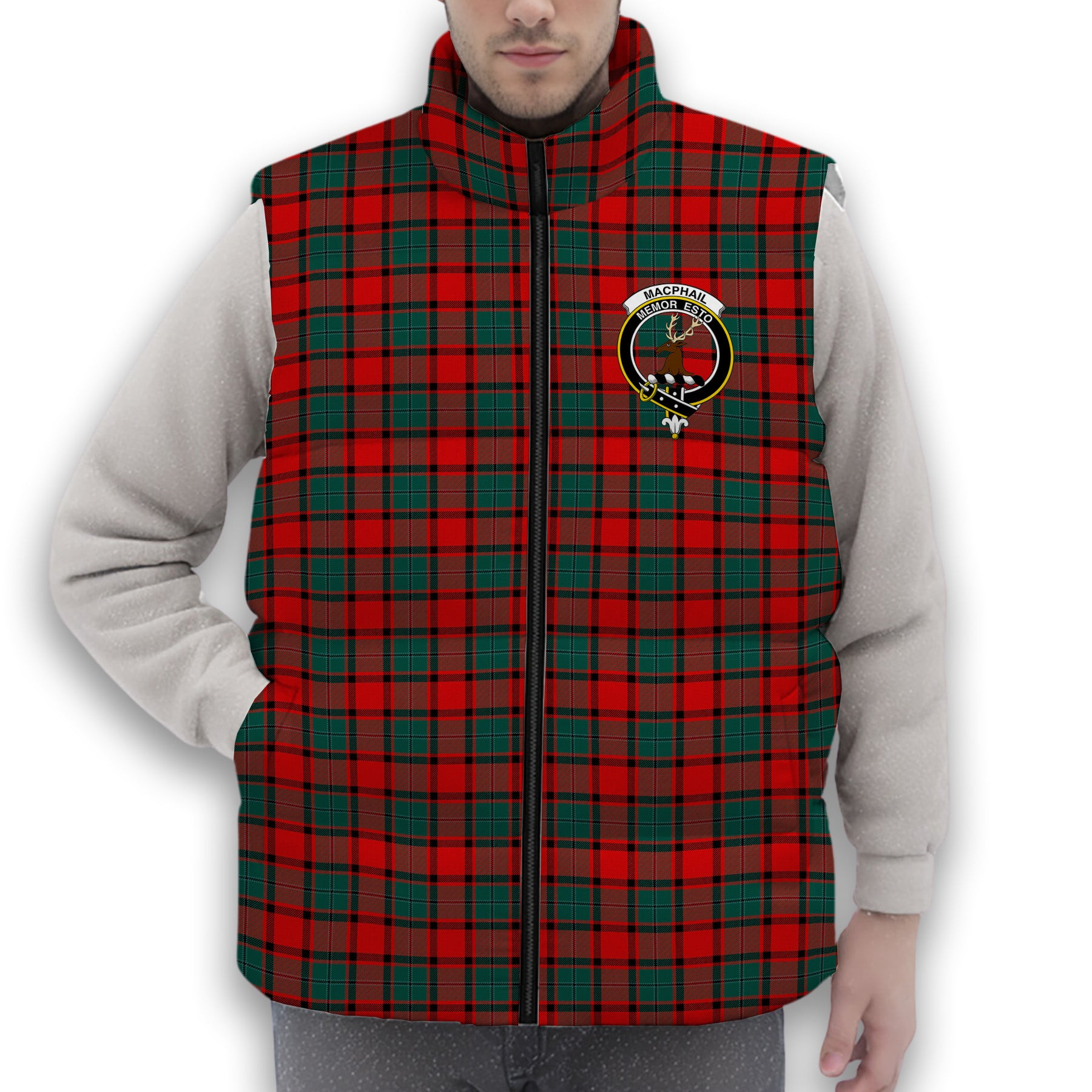 ScotsTee Shop Scottish MacPhail Modern Crest Tartan Puffer Vest Winter White Duck Down Vest Sleeveless