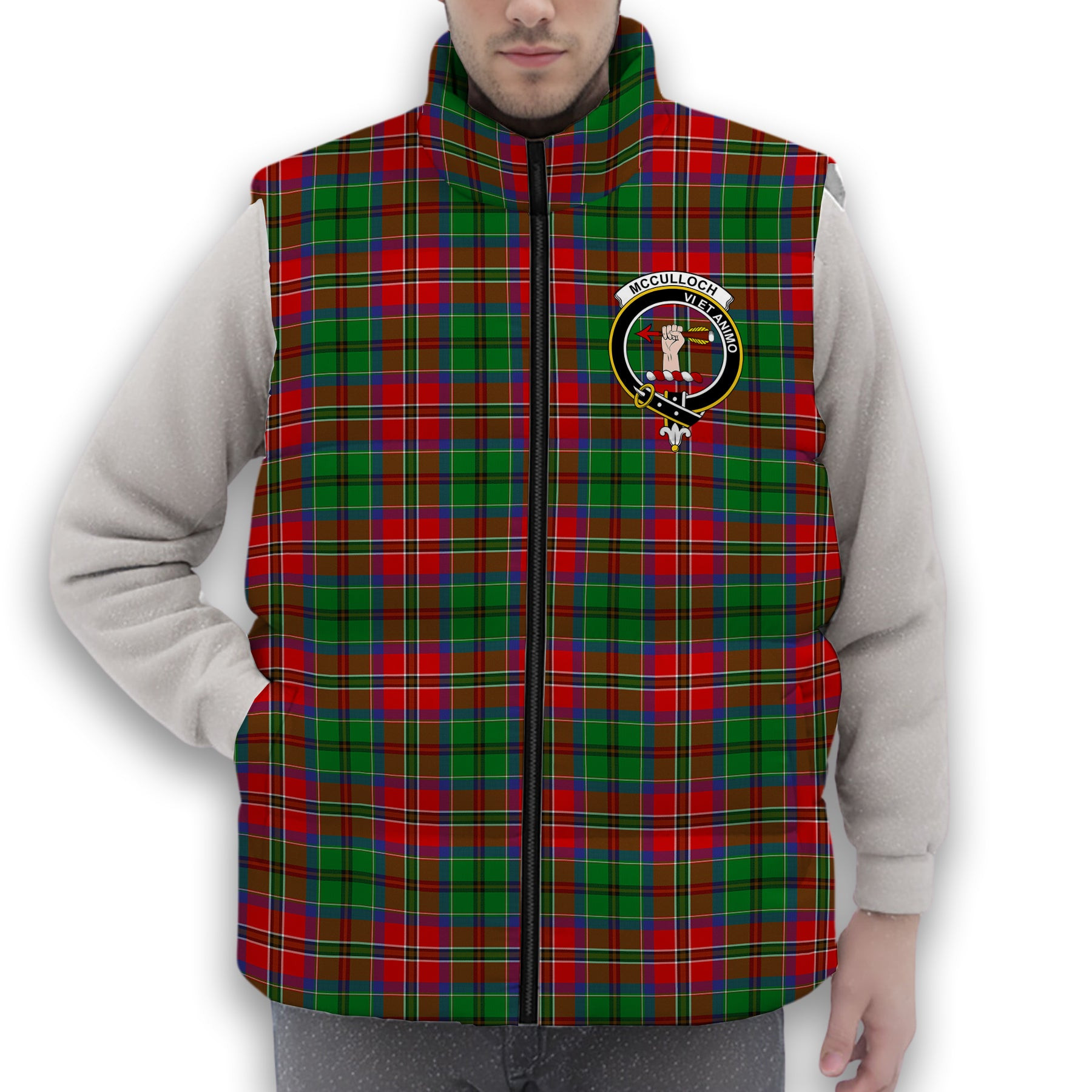 ScotsTee Shop Scottish McCulloch SC Crest Tartan Puffer Vest Winter White Duck Down Vest Sleeveless