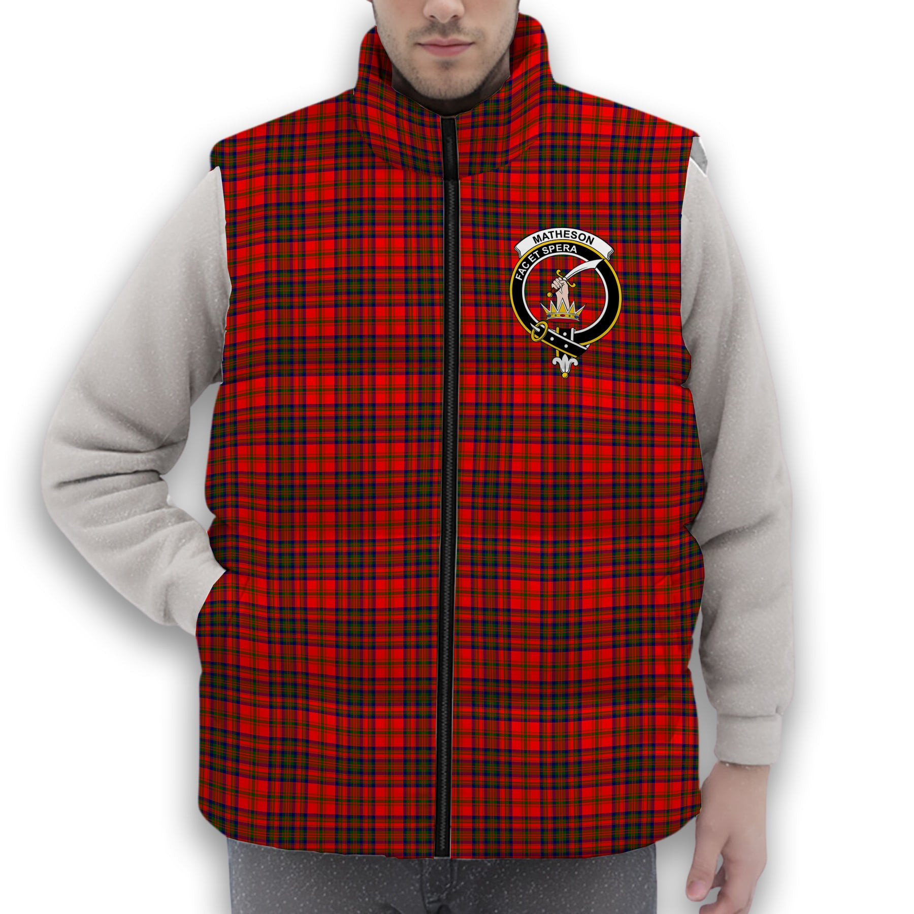 ScotsTee Shop Scottish Matheson Modern Crest Tartan Puffer Vest Winter White Duck Down Vest Sleeveless