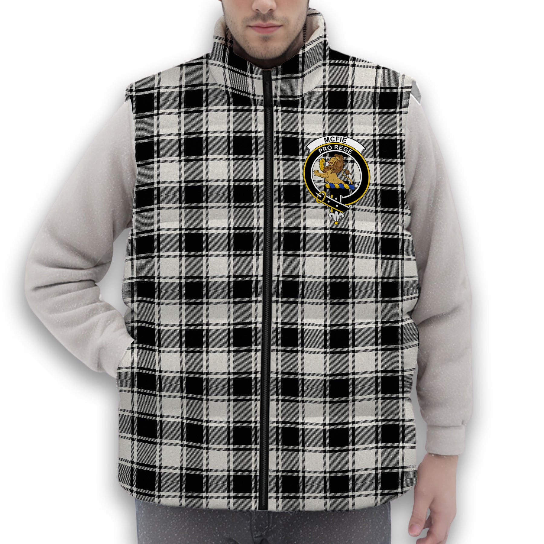 ScotsTee Shop Scottish McFie Black & White Modern Crest Tartan Puffer Vest Winter White Duck Down Vest Sleeveless