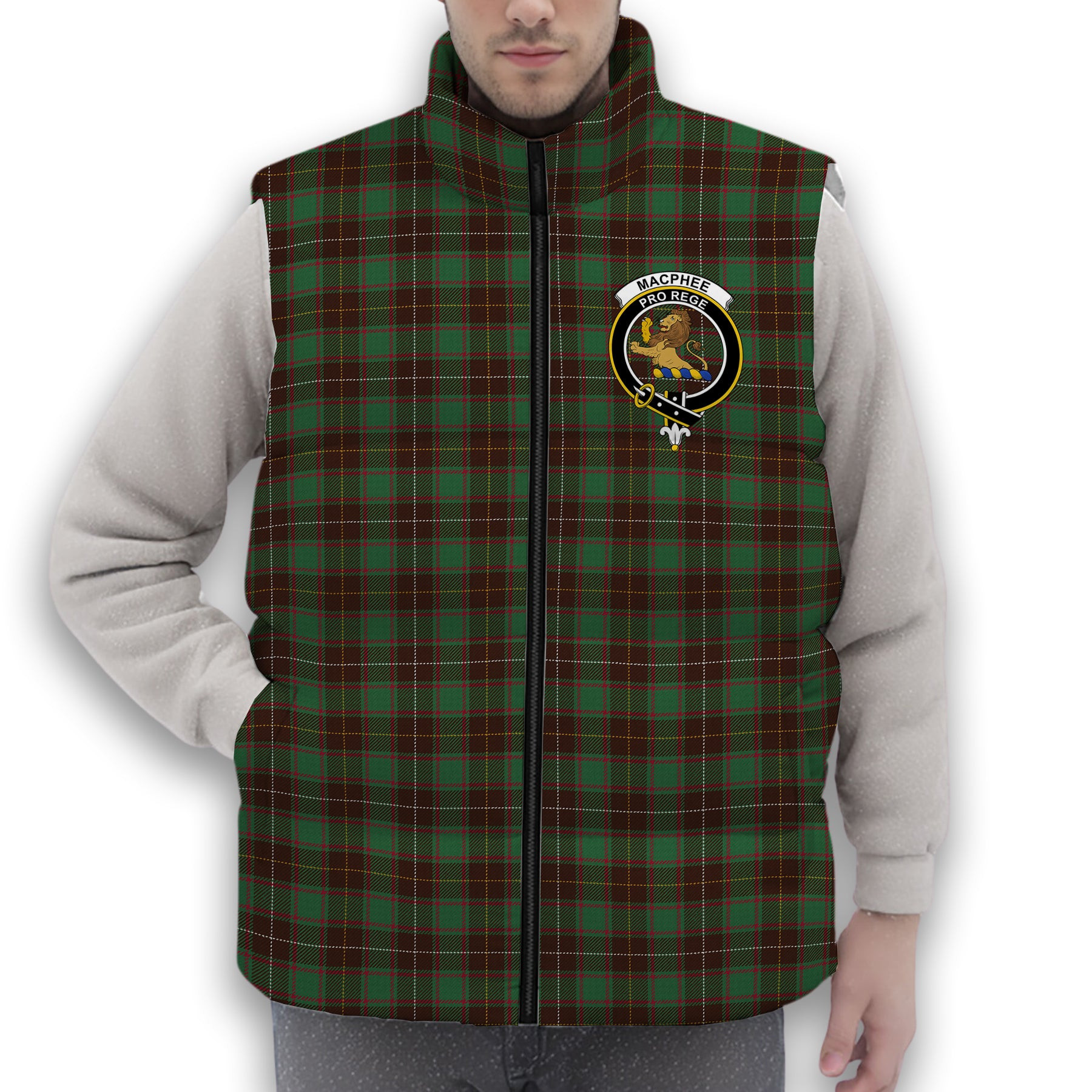 ScotsTee Shop Scottish MacPhee Hunting Modern Crest Tartan Puffer Vest Winter White Duck Down Vest Sleeveless