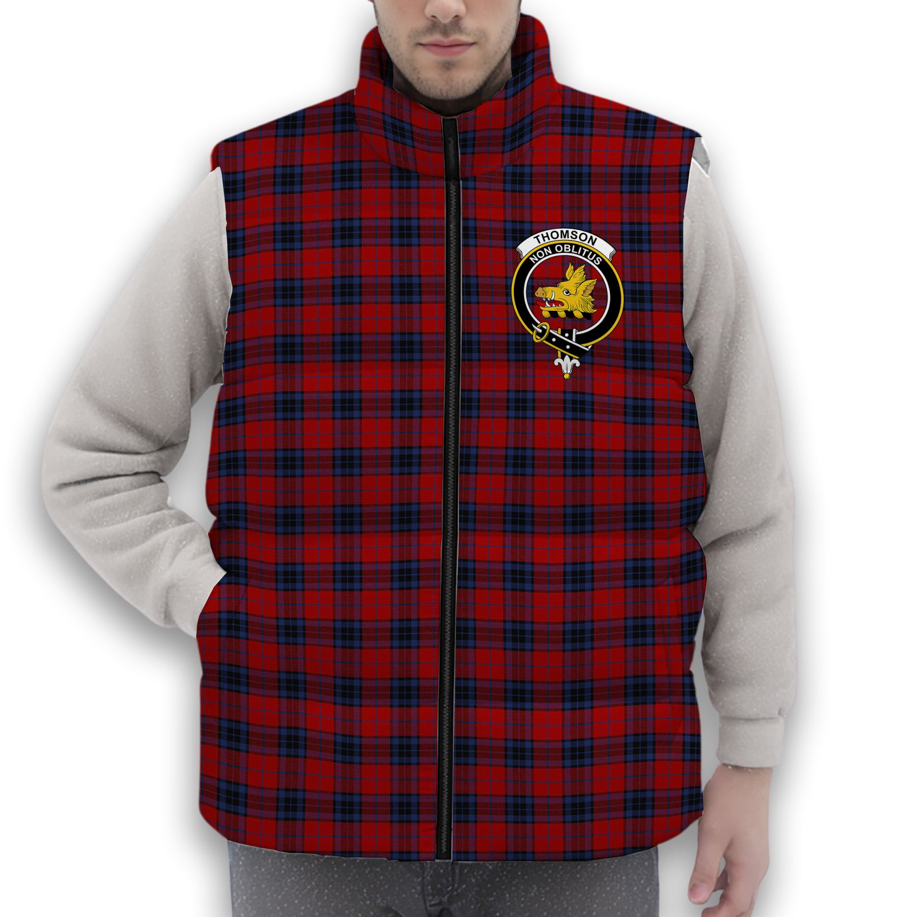 ScotsTee Shop Scottish Thomson Bonner Crest Tartan Puffer Vest Winter White Duck Down Vest Sleeveless