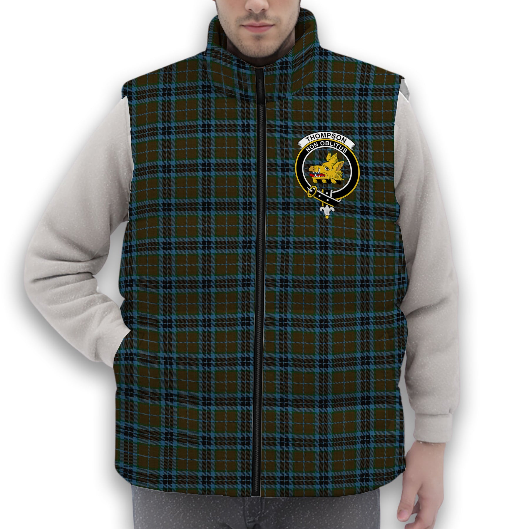 ScotsTee Shop Scottish Thompson Hunting Crest Tartan Puffer Vest Winter White Duck Down Vest Sleeveless