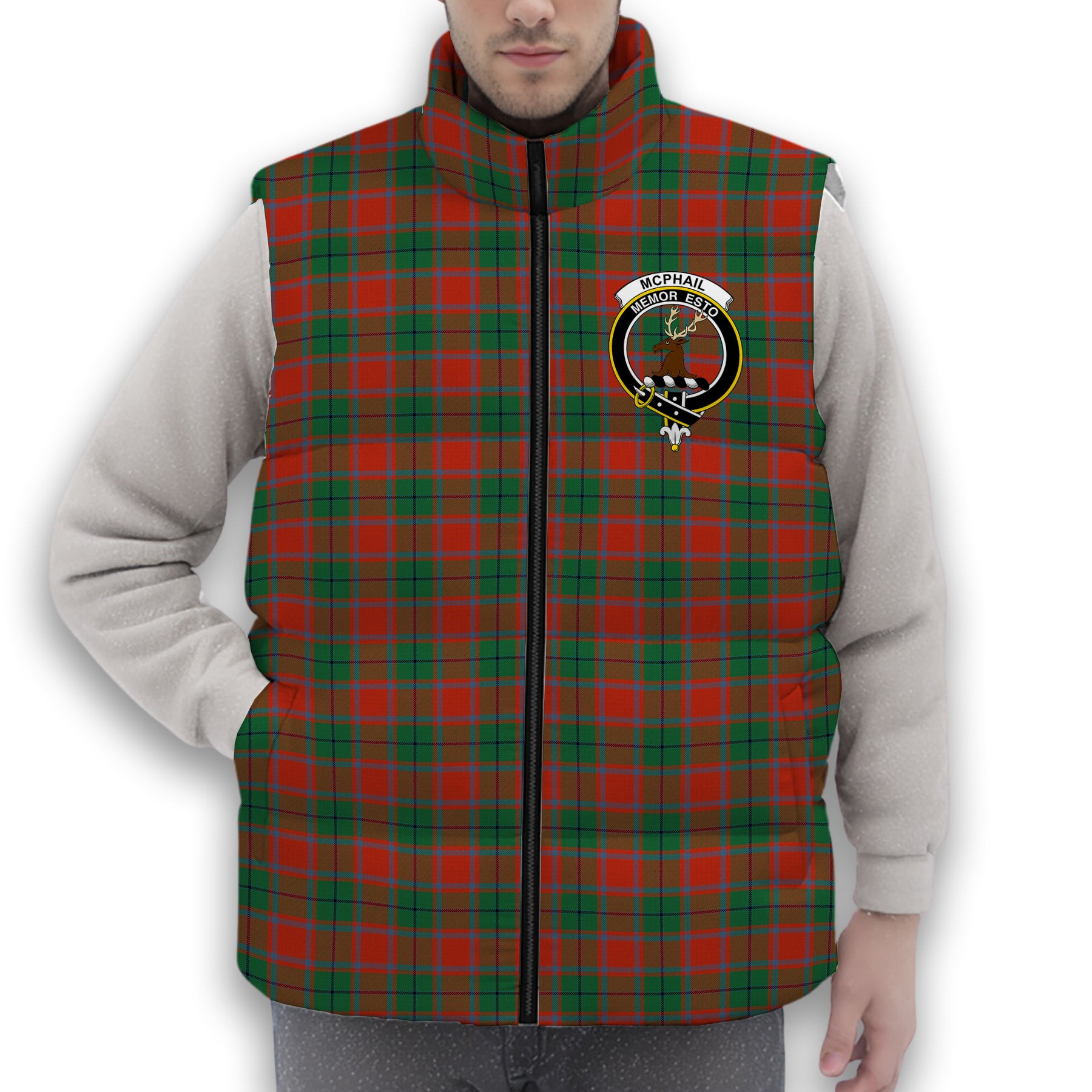 ScotsTee Shop Scottish McPhail Blue Bands Ancient Crest Tartan Puffer Vest Winter White Duck Down Vest Sleeveless