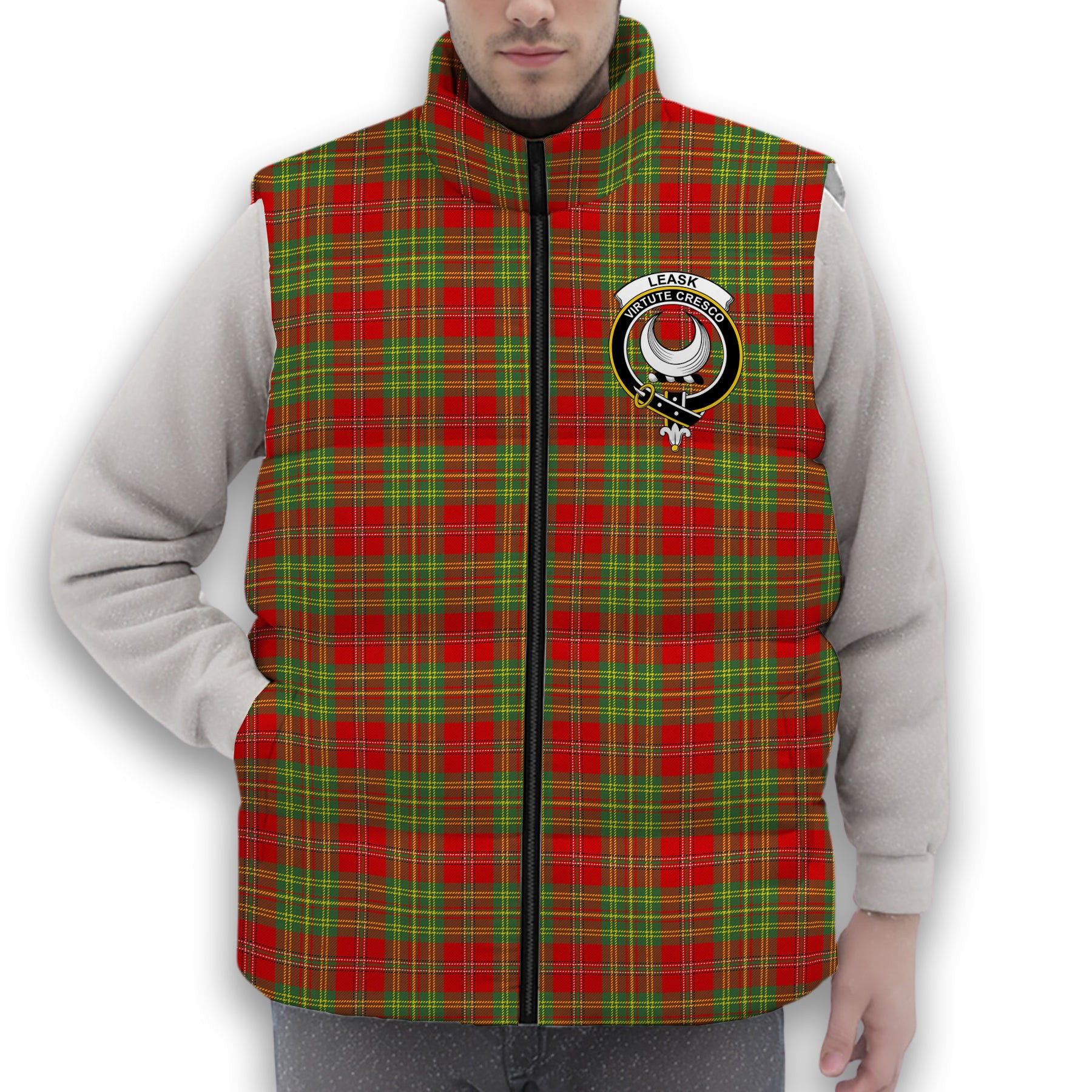 ScotsTee Shop Scottish Leask Modern Crest Tartan Puffer Vest Winter White Duck Down Vest Sleeveless