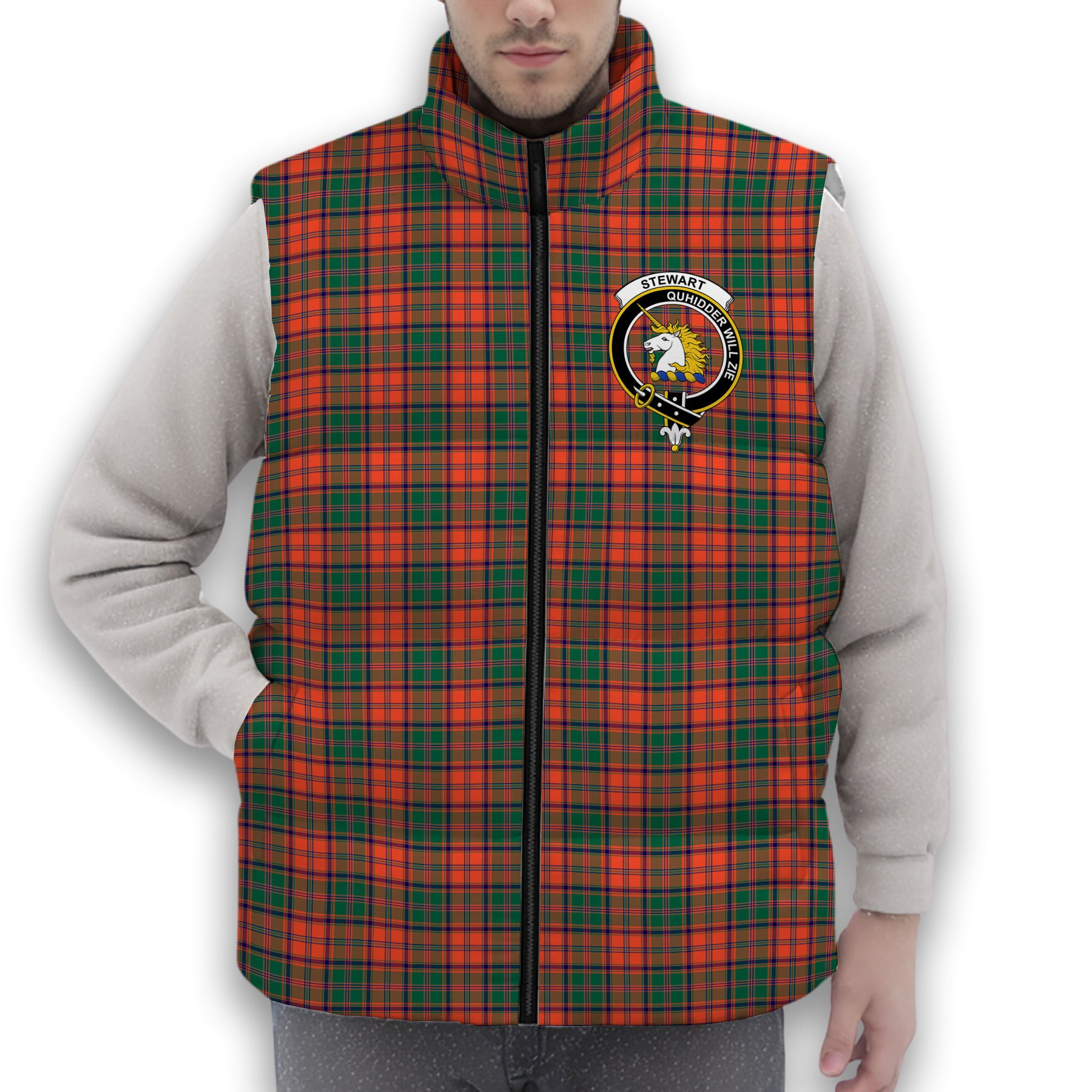 ScotsTee Shop Scottish Stewart of Appin Ancient Crest Tartan Puffer Vest Winter White Duck Down Vest Sleeveless