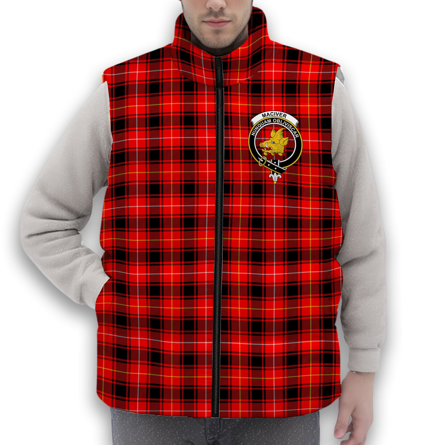 ScotsTee Shop Scottish MacIver Modern SC Crest Tartan Puffer Vest Winter White Duck Down Vest Sleeveless