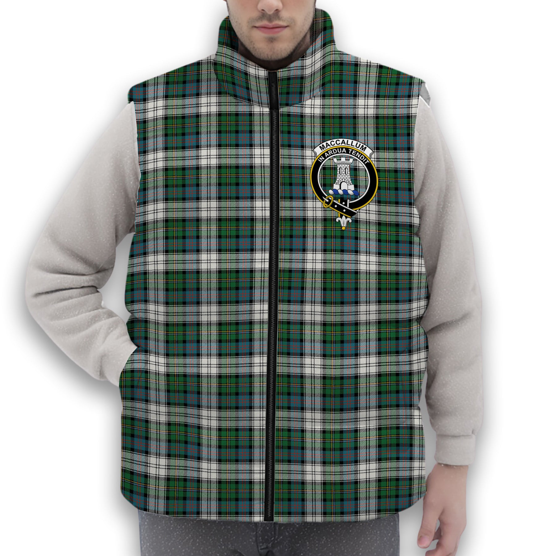 ScotsTee Shop Scottish MacCallum Dress Ancient Crest Tartan Puffer Vest Winter White Duck Down Vest Sleeveless
