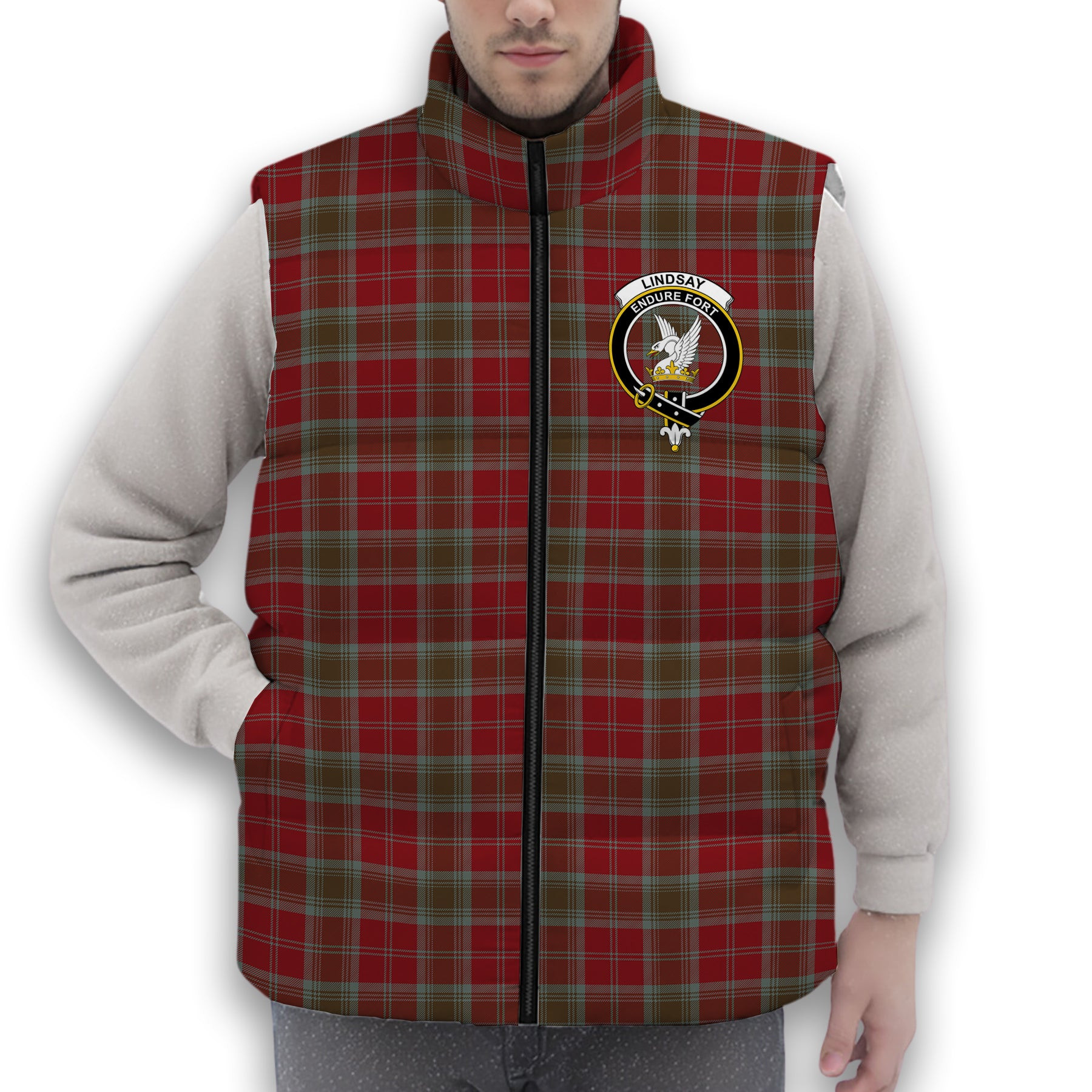 ScotsTee Shop Scottish Lindsay Weathered Crest Tartan Puffer Vest Winter White Duck Down Vest Sleeveless