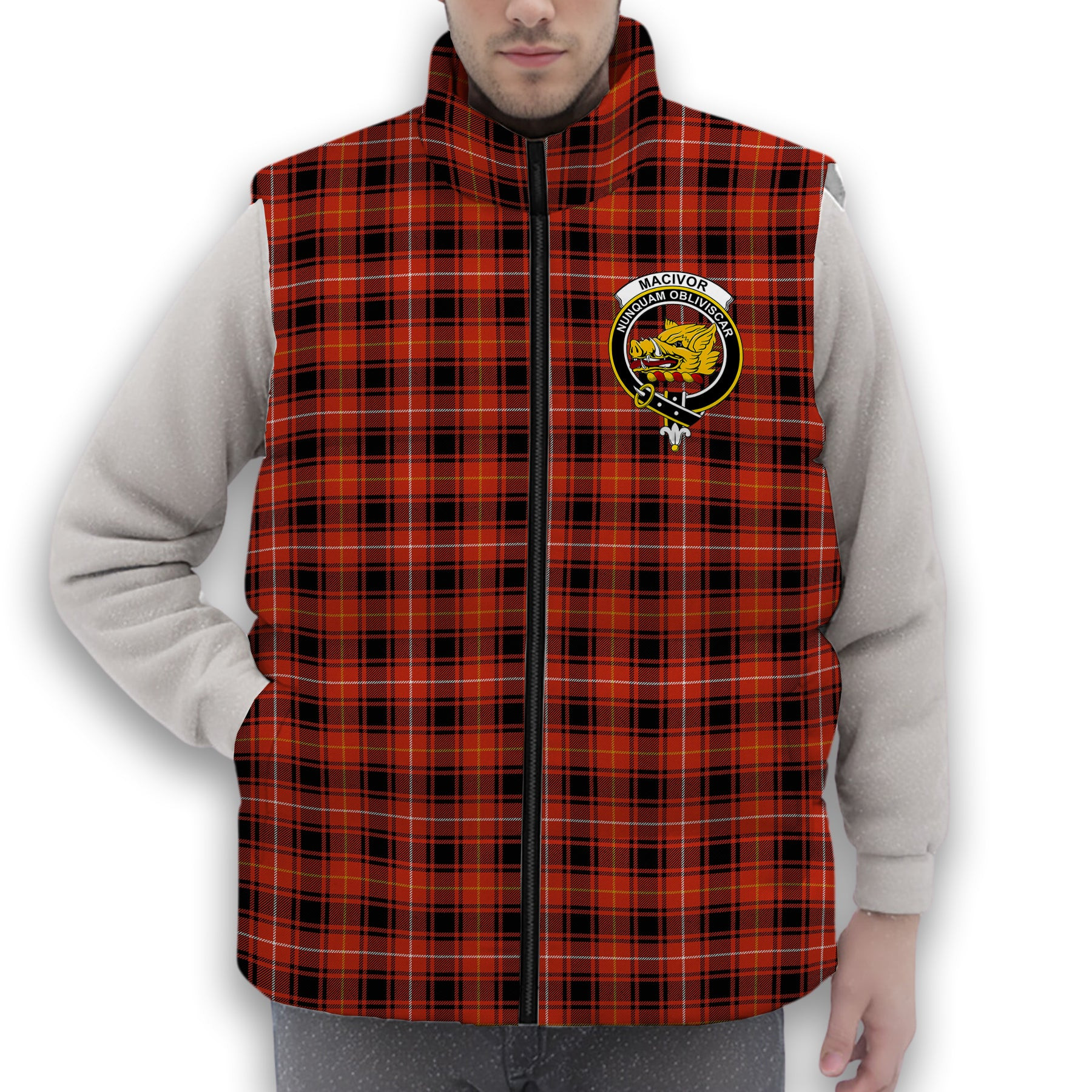 ScotsTee Shop Scottish MacIvor Ancient Crest Tartan Puffer Vest Winter White Duck Down Vest Sleeveless