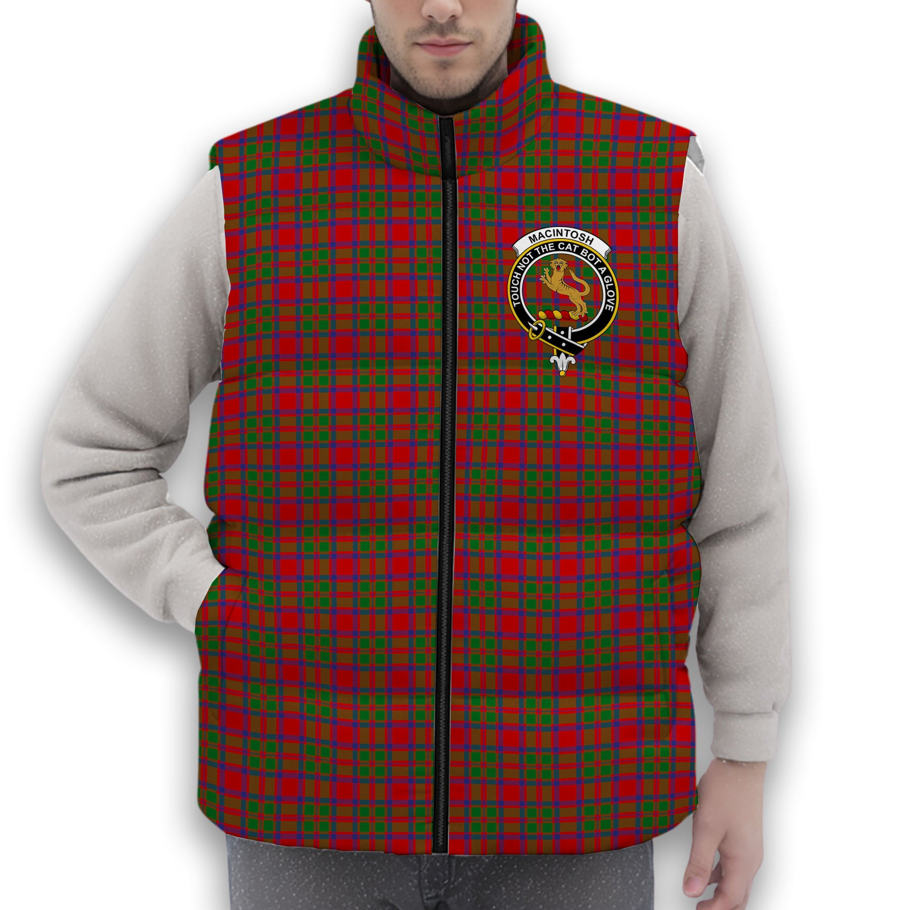 ScotsTee Shop Scottish MacIntosh Modern Crest Tartan Puffer Vest Winter White Duck Down Vest Sleeveless
