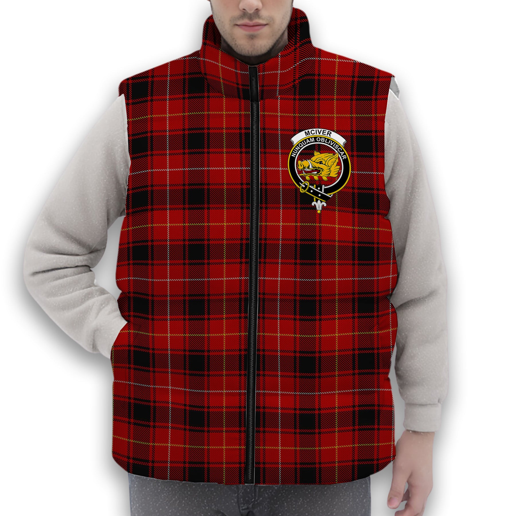 ScotsTee Shop Scottish McIver Modern Crest Tartan Puffer Vest Winter White Duck Down Vest Sleeveless