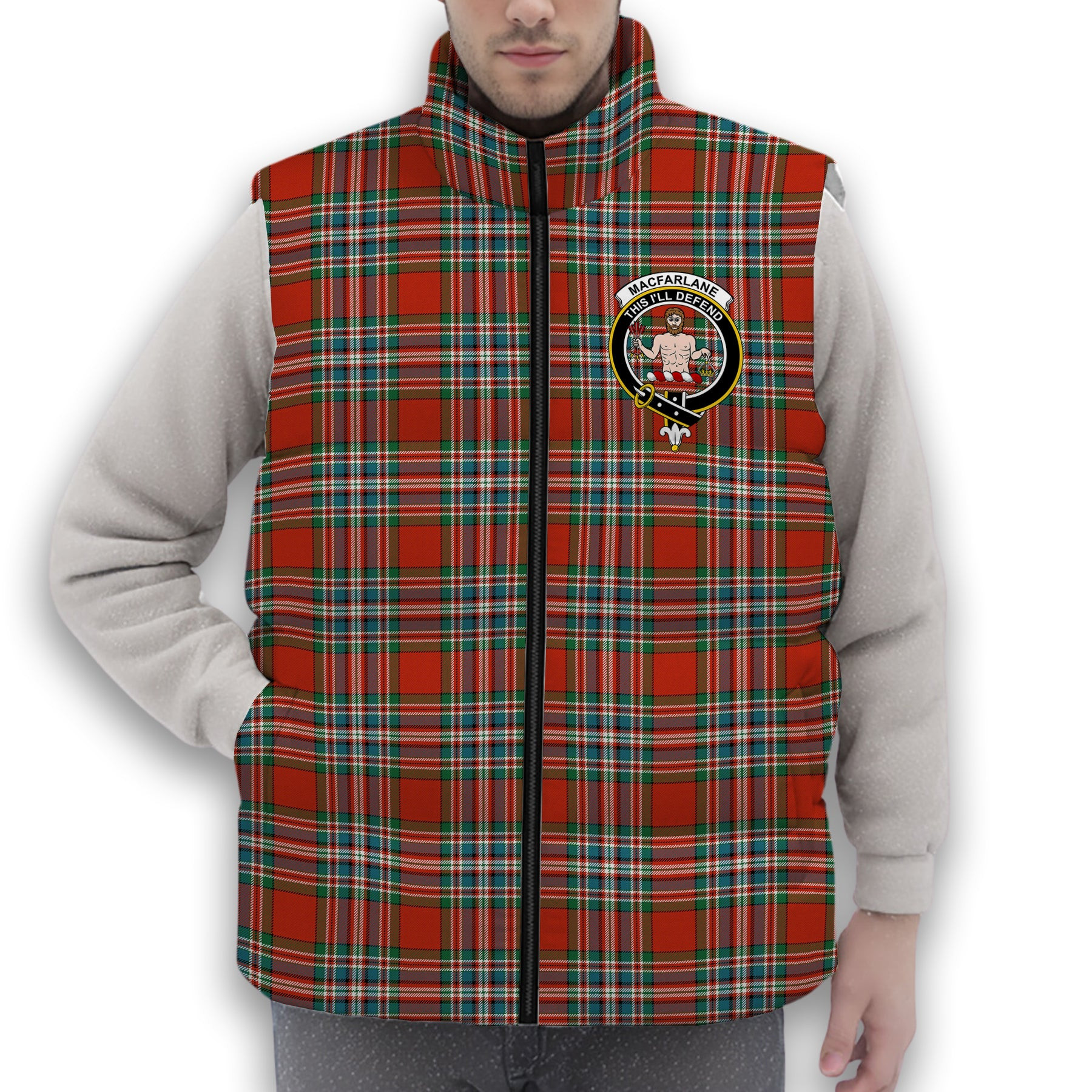 ScotsTee Shop Scottish MacFarlane Red Ancient Crest Tartan Puffer Vest Winter White Duck Down Vest Sleeveless