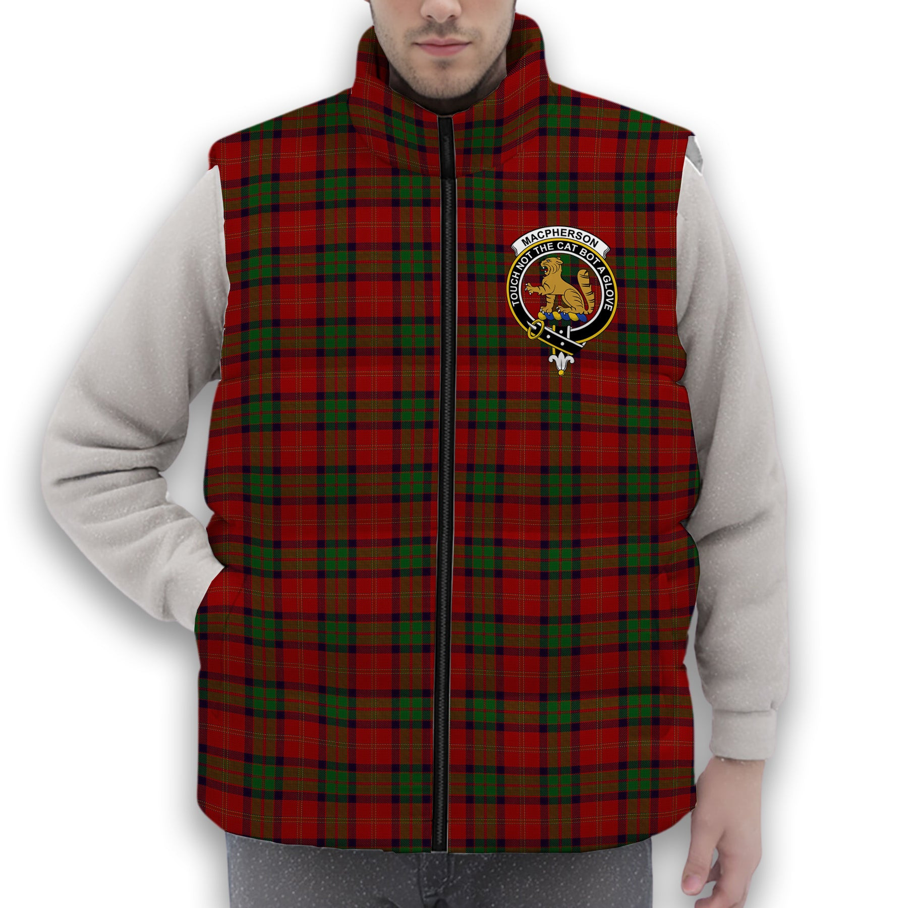 ScotsTee Shop Scottish MacPherson of Cluny Crest Tartan Puffer Vest Winter White Duck Down Vest Sleeveless