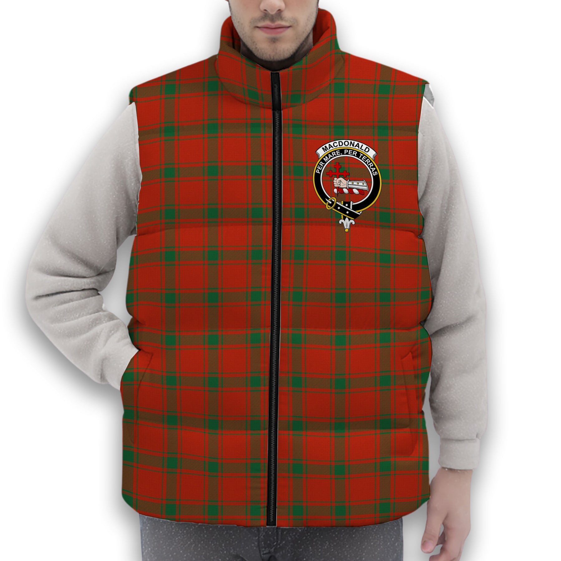 ScotsTee Shop Scottish MacDonald of Sleat Ancient Crest Tartan Puffer Vest Winter White Duck Down Vest Sleeveless