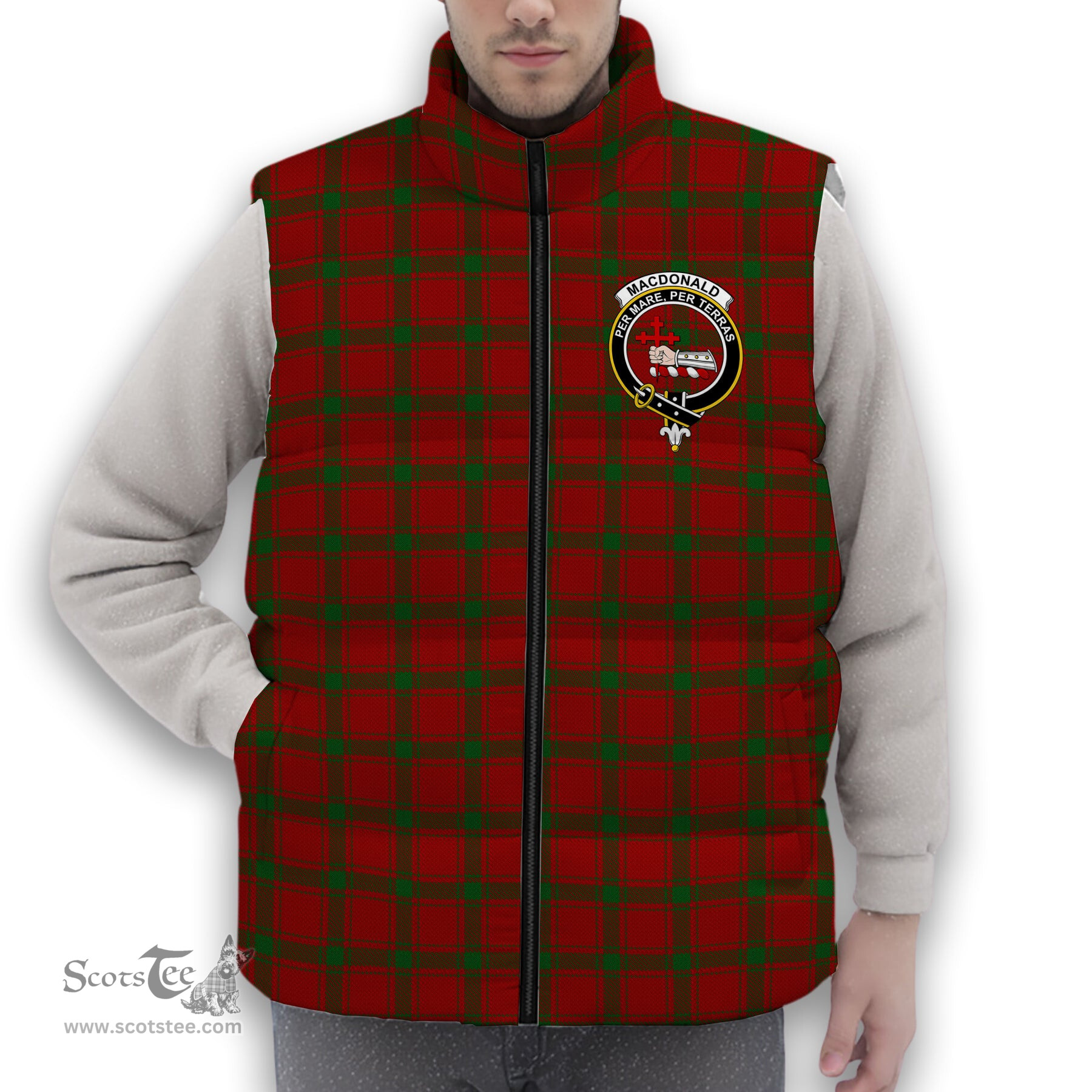 ScotsTee Shop Scottish MacDonald of Sleat Crest Tartan Puffer Vest Winter White Duck Down Vest Sleeveless