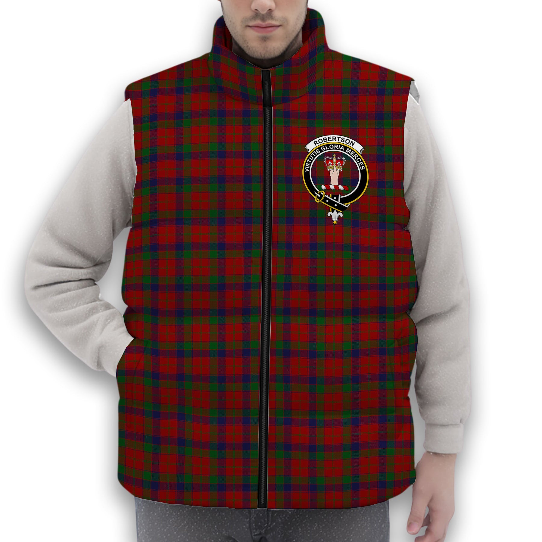 ScotsTee Shop Scottish Robertson Crest Tartan Puffer Vest Winter White Duck Down Vest Sleeveless